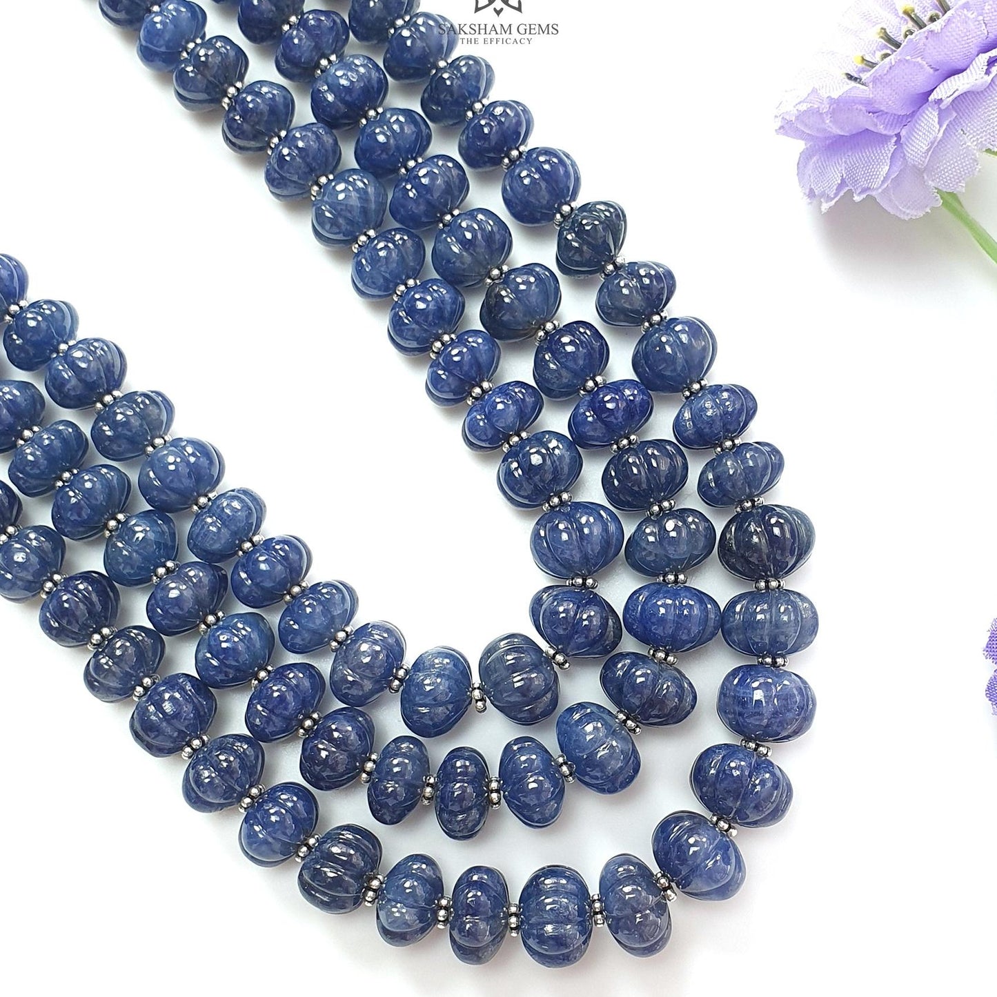 Blue Sapphire Melon Pumpkin Beads Necklace : 1209.40cts 925 Sterling Silver Natural Sapphire Hand Carved Melon Beads 7mm - 12mm 16"- 20"