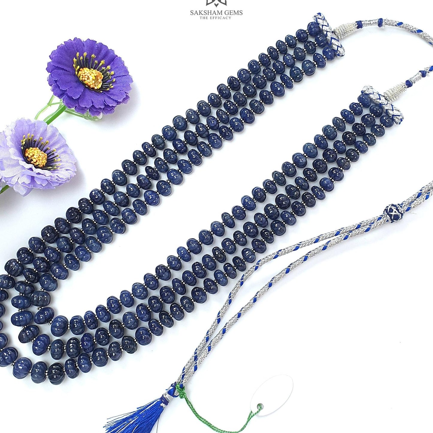 Blue Sapphire Melon Pumpkin Beads Necklace : 1209.40cts 925 Sterling Silver Natural Sapphire Hand Carved Melon Beads 7mm - 12mm 16"- 20"