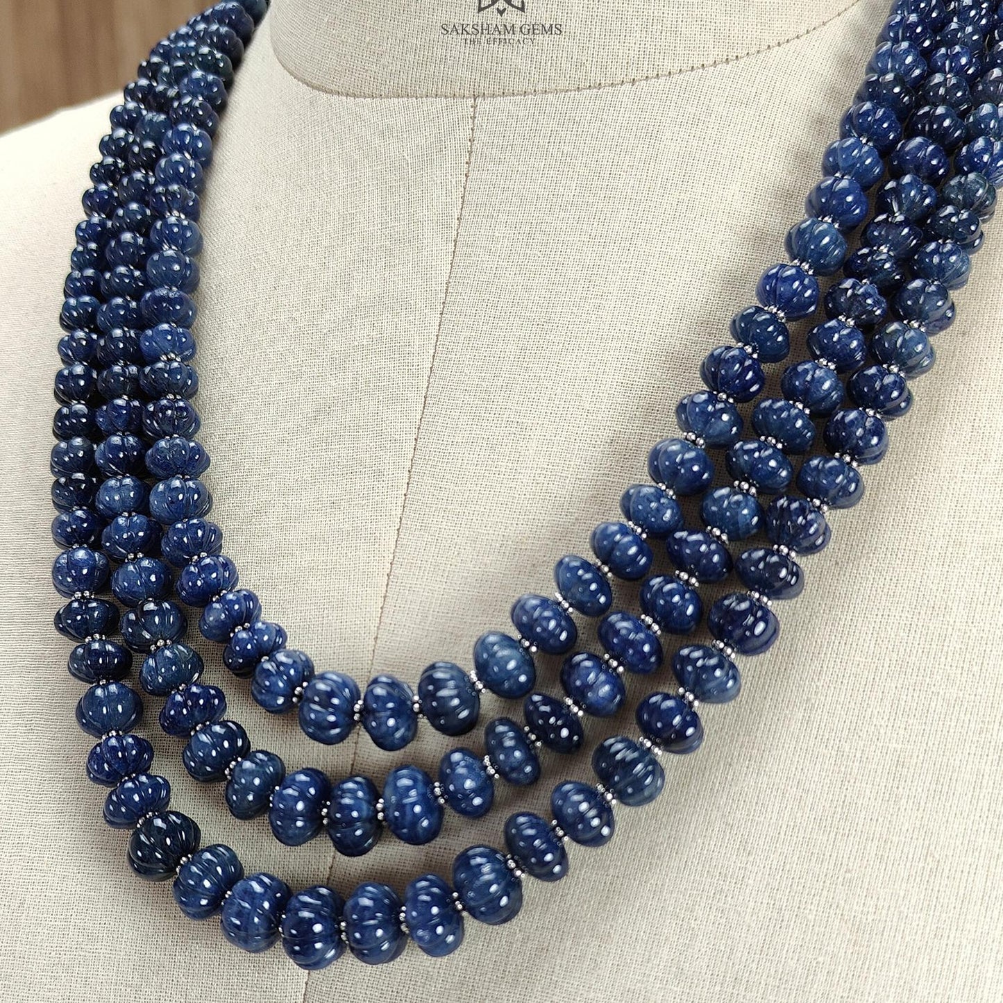 Blue Sapphire Melon Pumpkin Beads Necklace : 1209.40cts 925 Sterling Silver Natural Sapphire Hand Carved Melon Beads 7mm - 12mm 16"- 20"