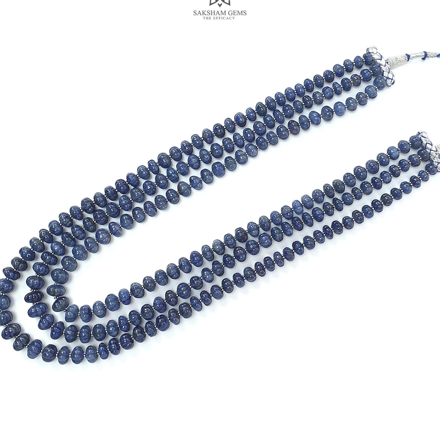 Blue Sapphire Melon Pumpkin Beads Necklace : 1298.80cts 925 Sterling Silver Natural Sapphire Hand Carved Melon Beads 7mm - 12mm 18"- 22"