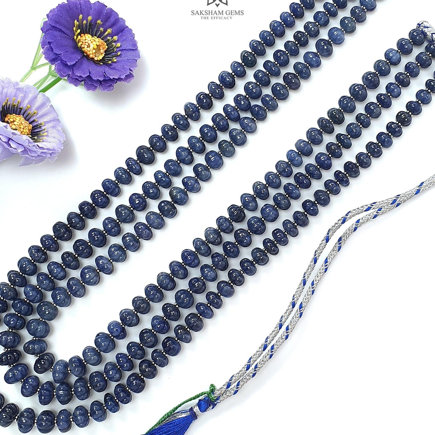 Blue Sapphire Melon Pumpkin Beads Necklace : 1298.80cts 925 Sterling Silver Natural Sapphire Hand Carved Melon Beads 7mm - 12mm 18"- 22"