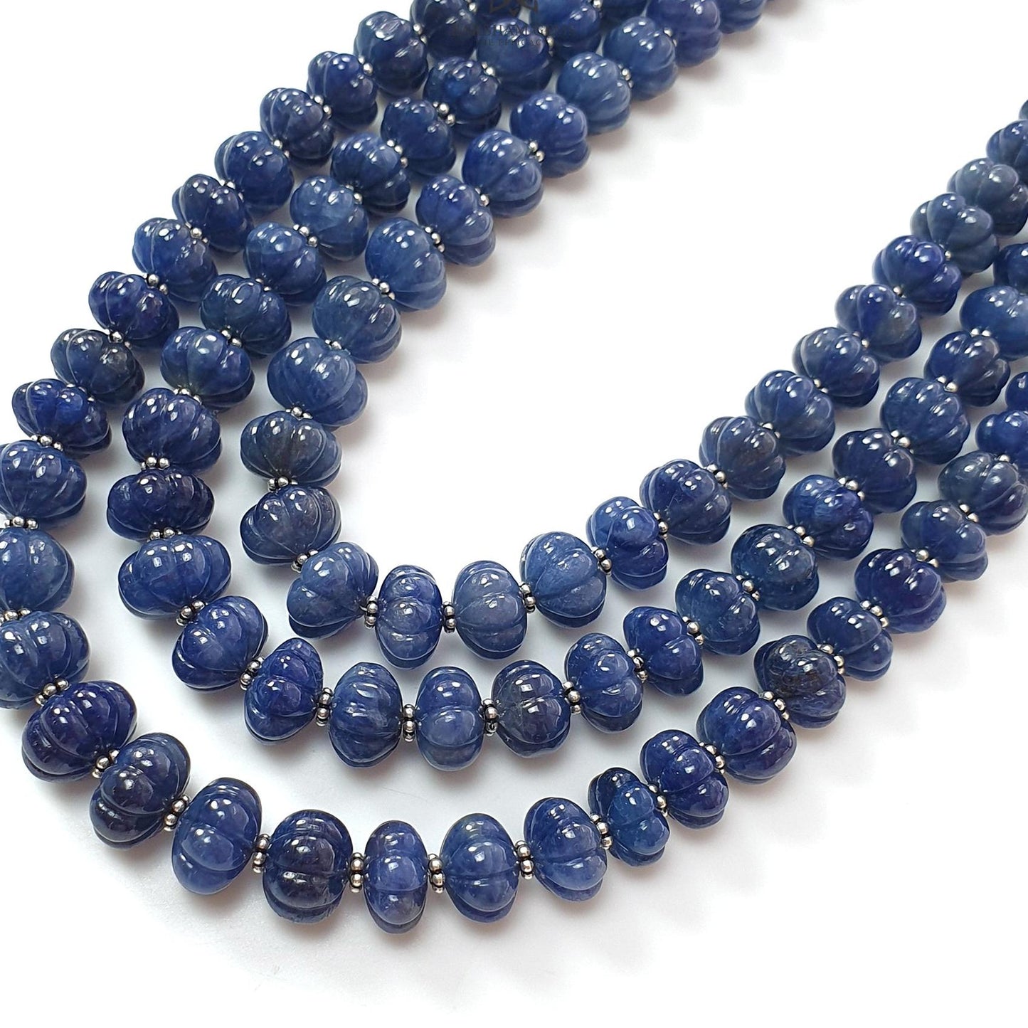 Blue Sapphire Melon Pumpkin Beads Necklace : 1298.80cts 925 Sterling Silver Natural Sapphire Hand Carved Melon Beads 7mm - 12mm 18"- 22"
