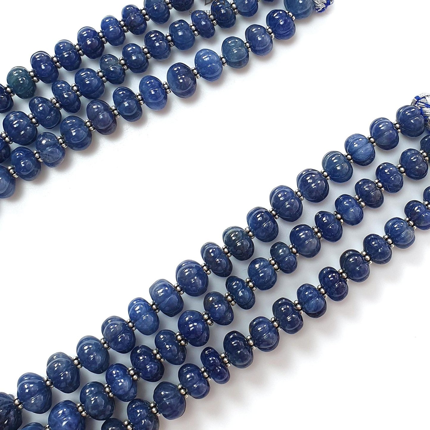 Blue Sapphire Melon Pumpkin Beads Necklace : 1298.80cts 925 Sterling Silver Natural Sapphire Hand Carved Melon Beads 7mm - 12mm 18"- 22"