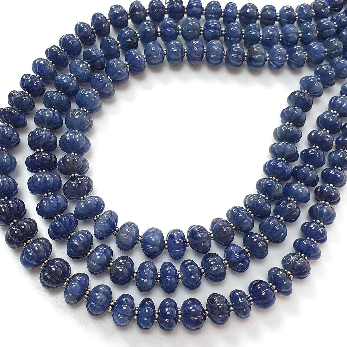 Blue Sapphire Melon Pumpkin Beads Necklace : 1298.80cts 925 Sterling Silver Natural Sapphire Hand Carved Melon Beads 7mm - 12mm 18"- 22"