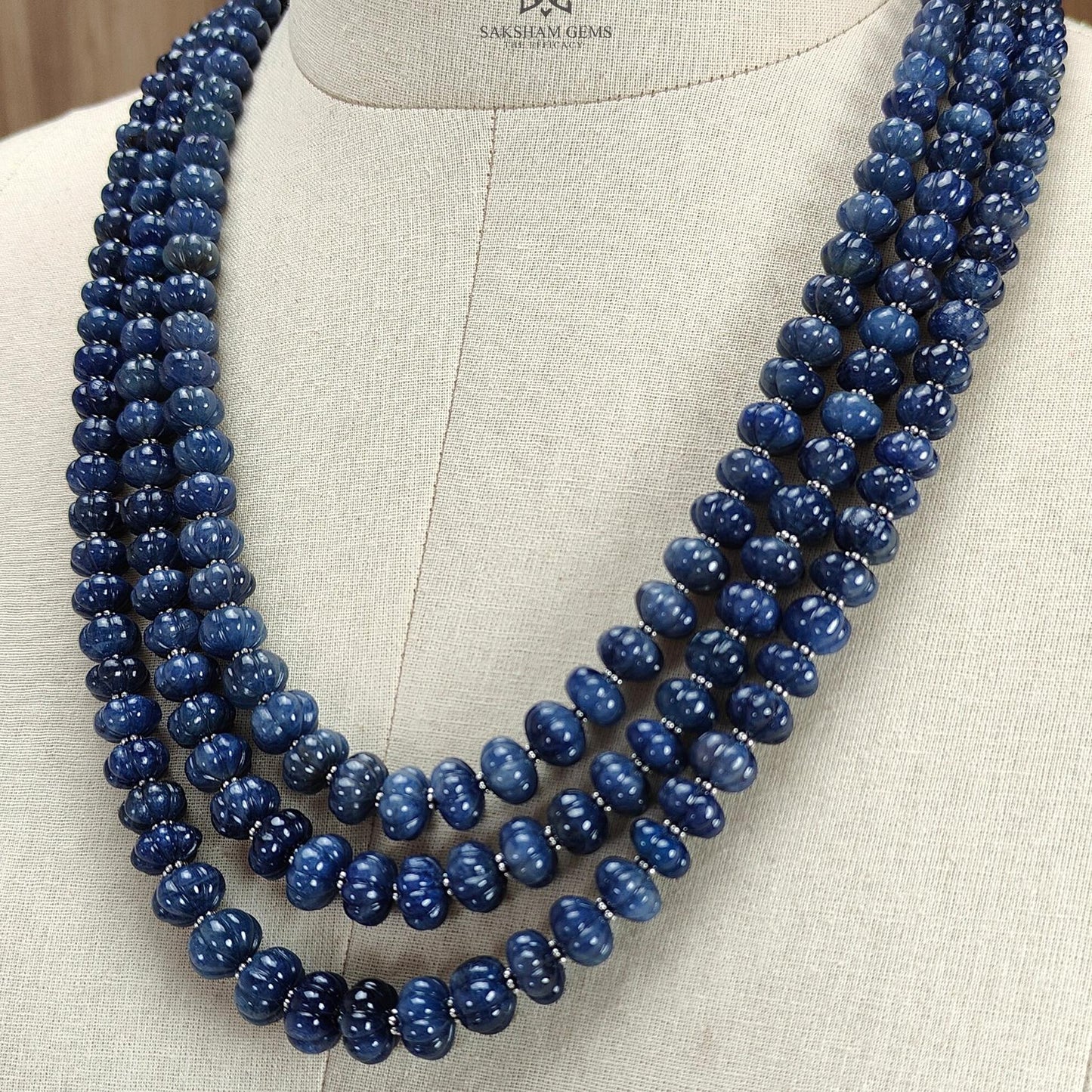 Blue Sapphire Melon Pumpkin Beads Necklace : 1298.80cts 925 Sterling Silver Natural Sapphire Hand Carved Melon Beads 7mm - 12mm 18"- 22"