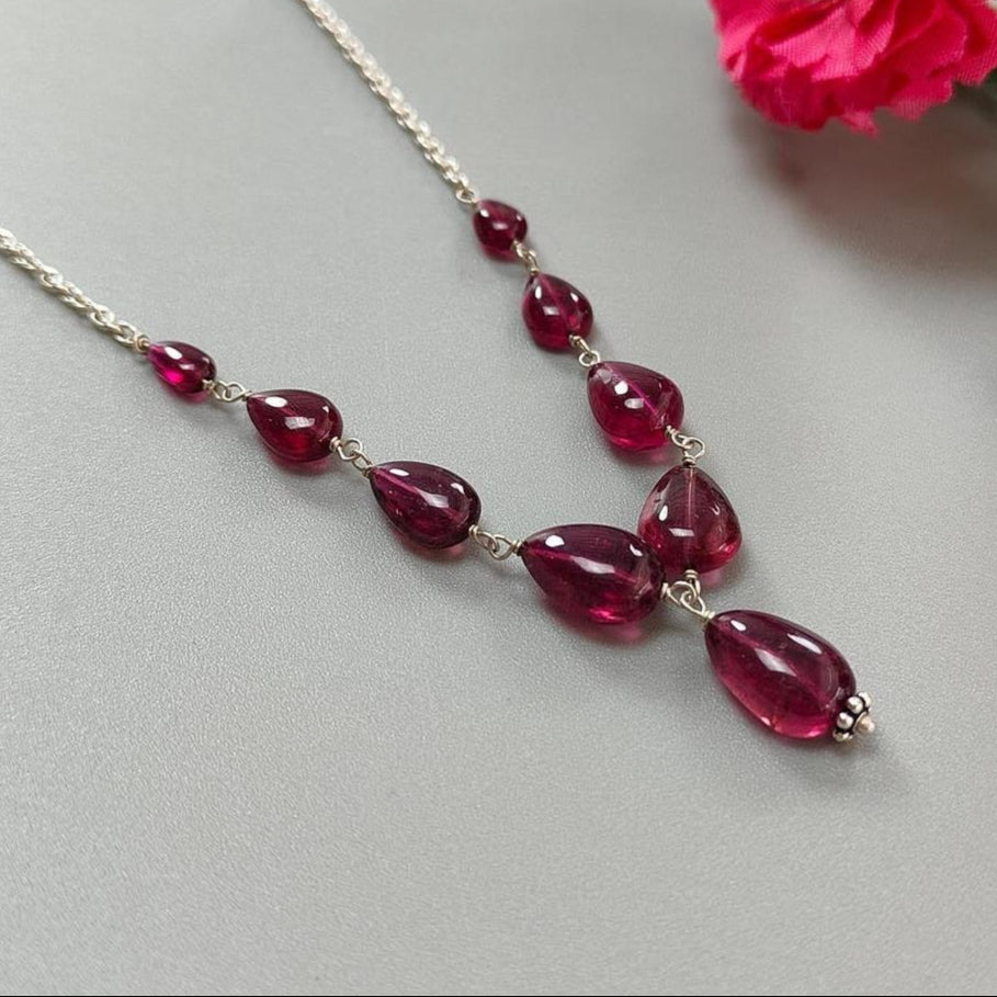 Rubellite Tourmaline Necklace: 41.50cts Natural Untreated Tourmaline 925 Sterling Silver Plain Pear 6*4mm - 12*8mm 22"