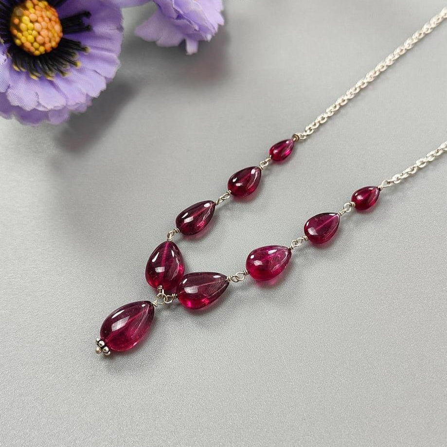 Rubellite Tourmaline Necklace: 41.50cts Natural Untreated Tourmaline 925 Sterling Silver Plain Pear 6*4mm - 12*8mm 22"