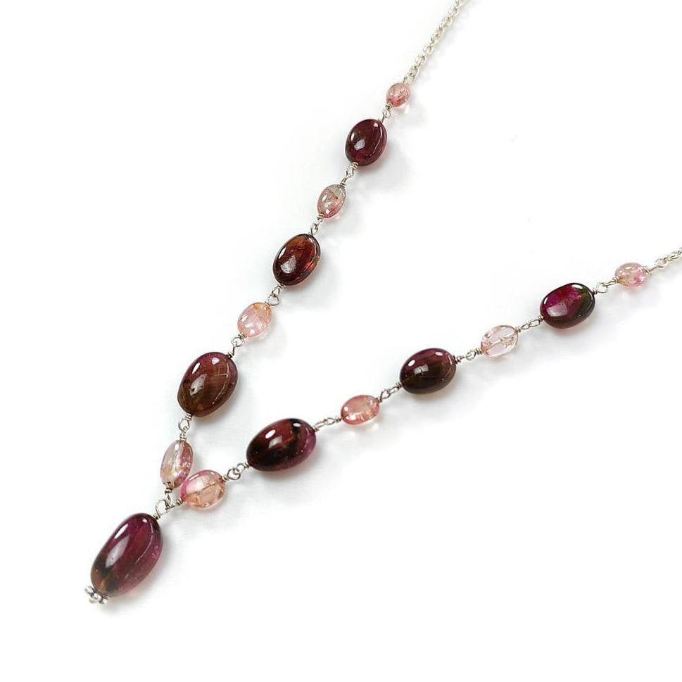 Rubellite Tourmaline Necklace: 50.00cts Natural Untreated Tourmaline 925 Sterling Silver Plain Oval 5*4mm - 13*8mm 22"