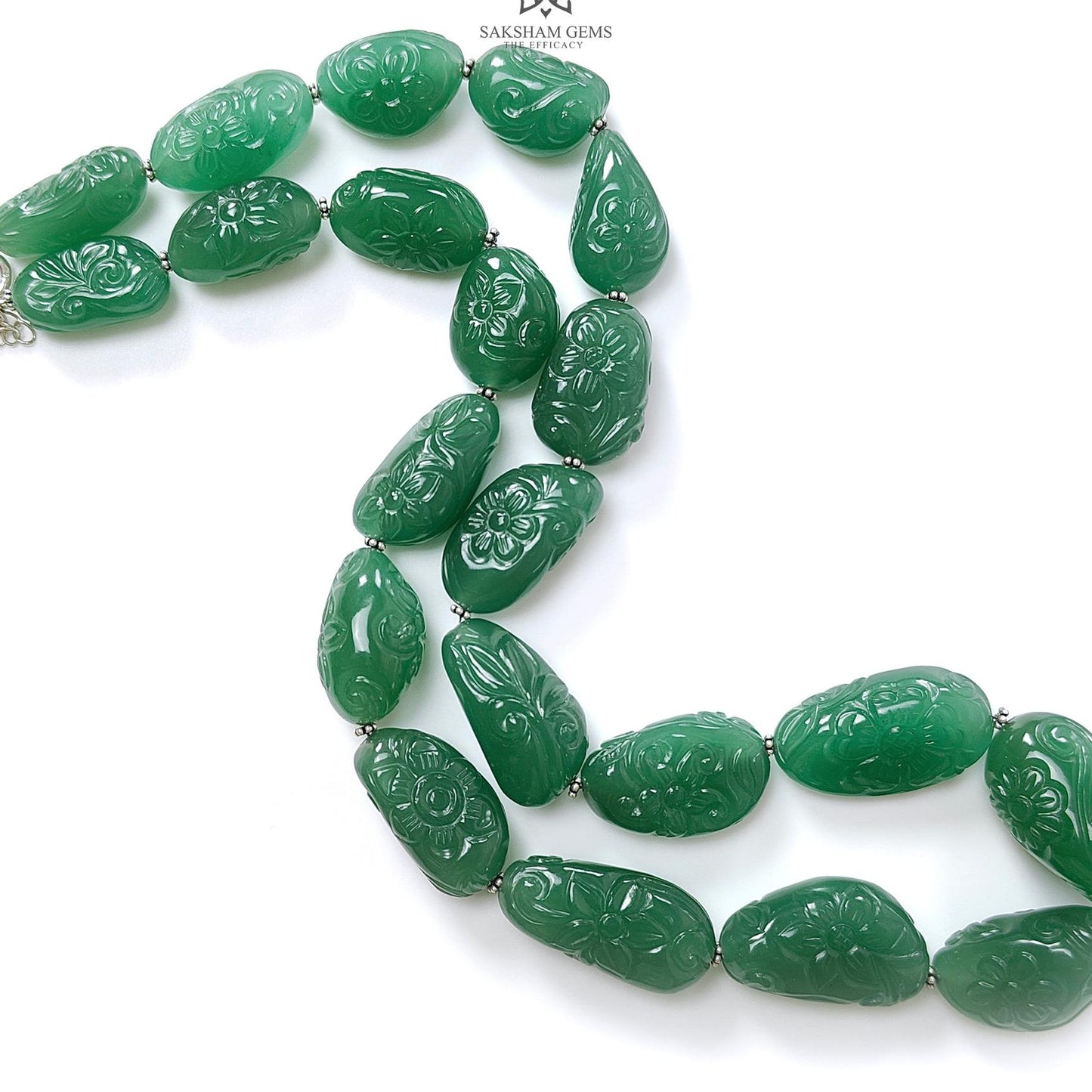 Green Quartz Carving Beads Necklace: 693.60cts Natural Untreated Quartz Shape Fancy Hand Carved 925 Sterling Silver 22*13mm - 32*17mm 22"