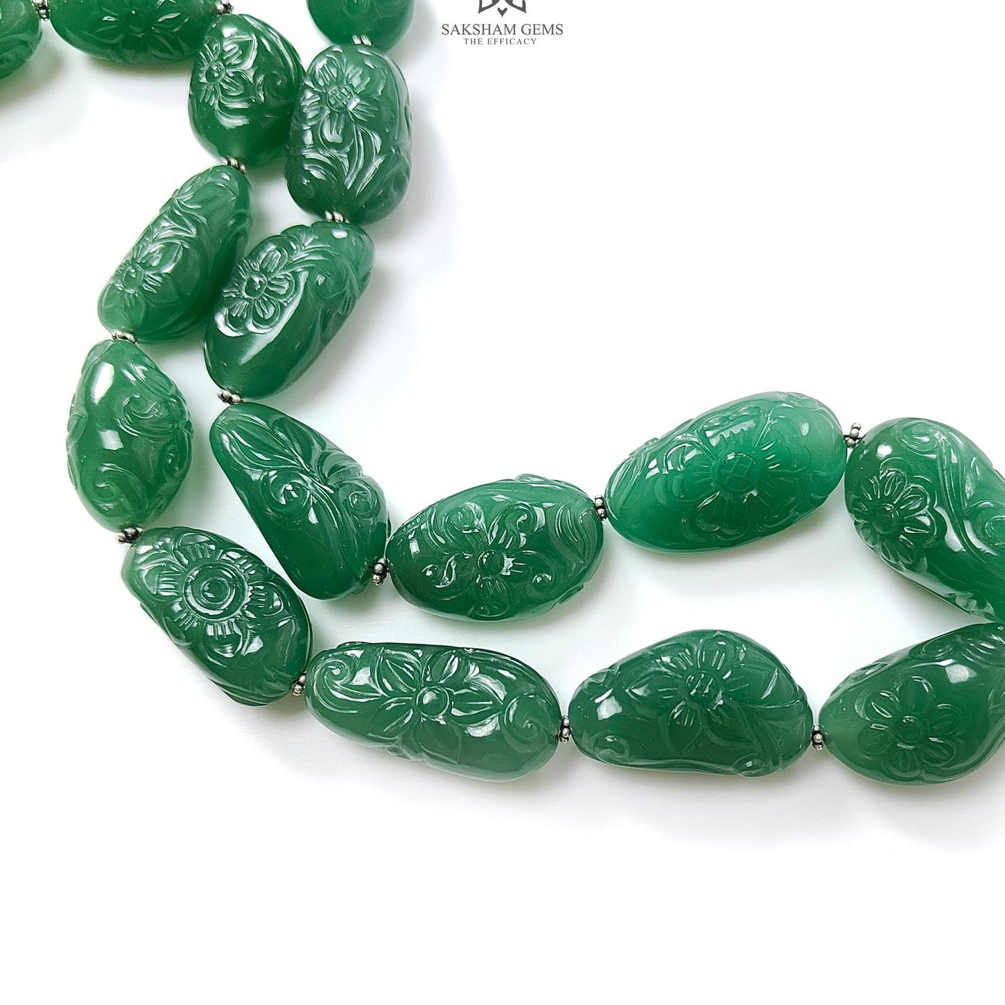 Green Quartz Carving Beads Necklace: 693.60cts Natural Untreated Quartz Shape Fancy Hand Carved 925 Sterling Silver 22*13mm - 32*17mm 22"