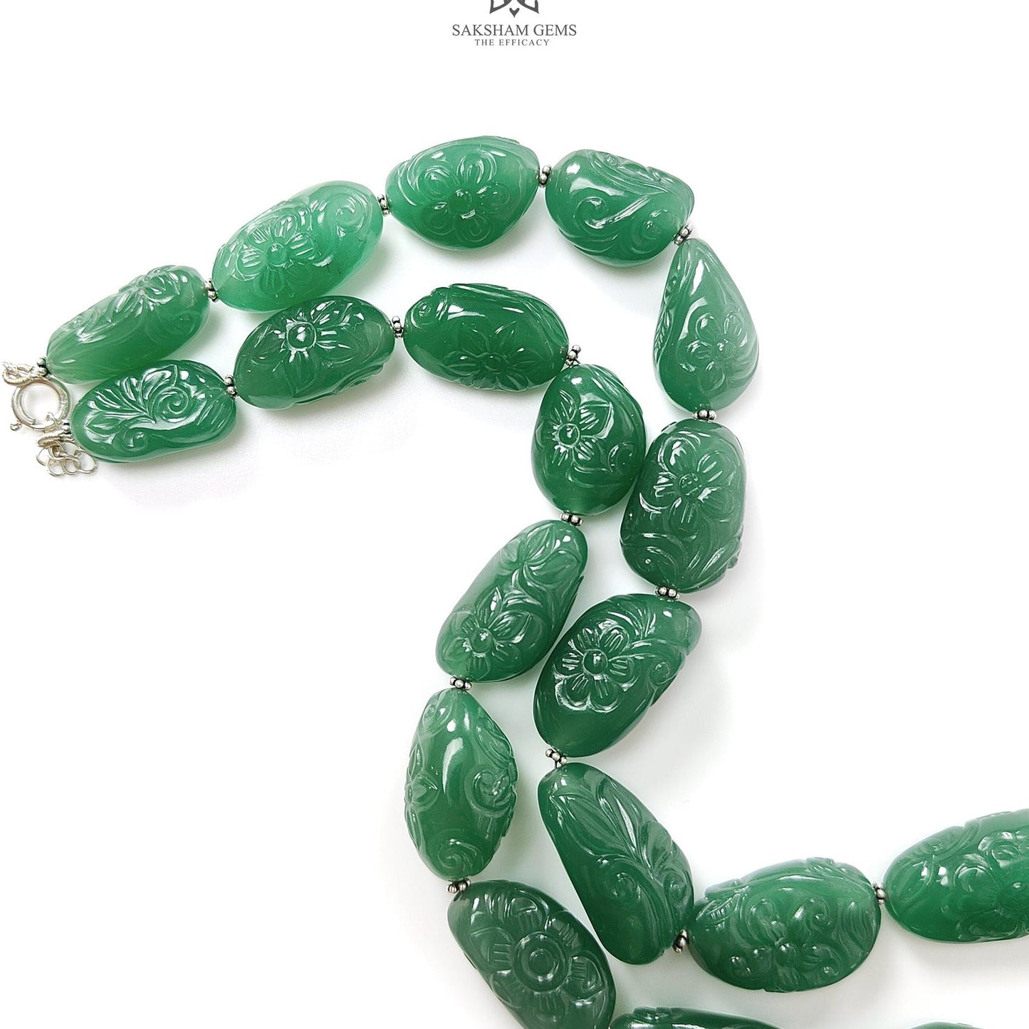 Green Quartz Carving Beads Necklace: 693.60cts Natural Untreated Quartz Shape Fancy Hand Carved 925 Sterling Silver 22*13mm - 32*17mm 22"