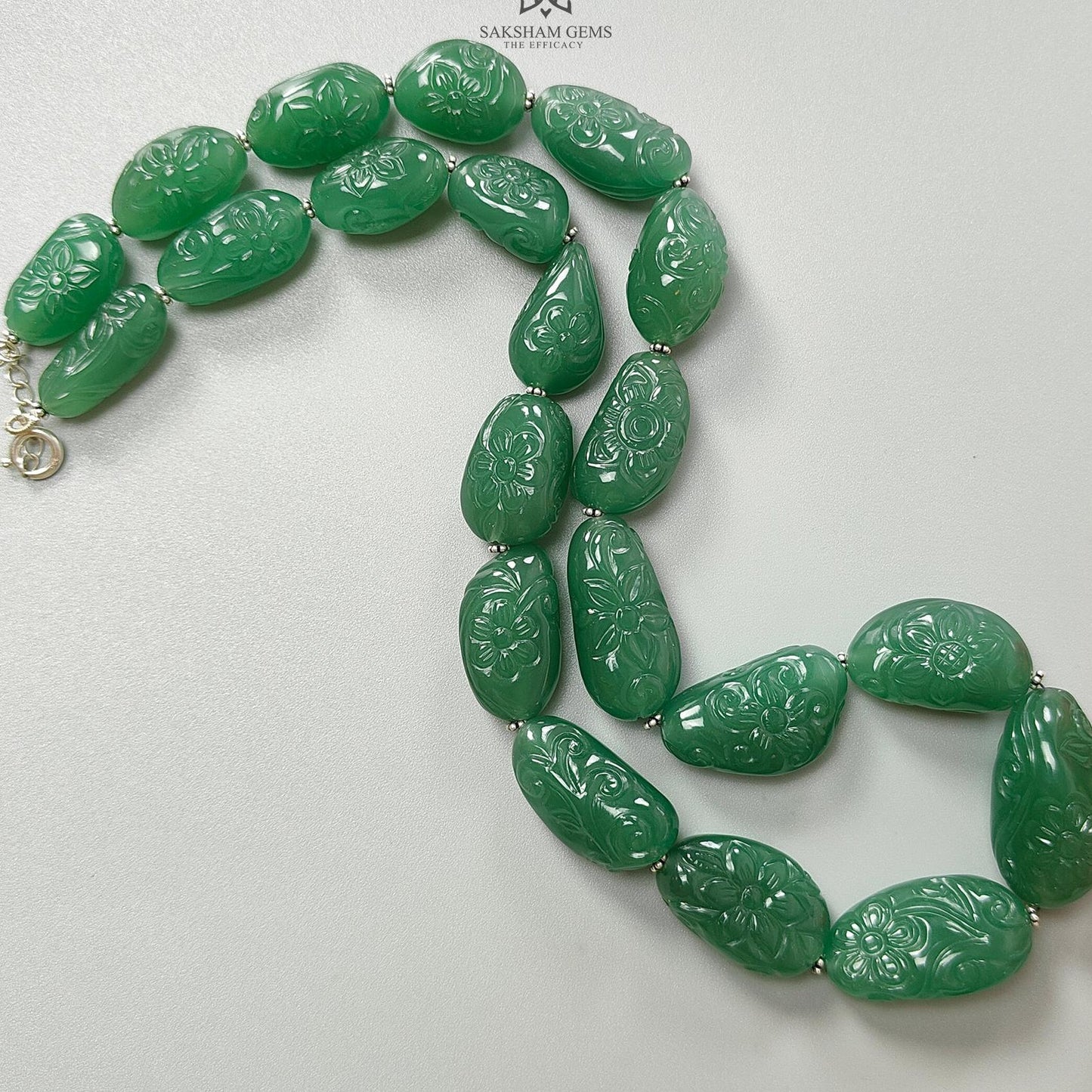 Green Quartz Carving Beads Necklace: 693.60cts Natural Untreated Quartz Shape Fancy Hand Carved 925 Sterling Silver 22*13mm - 32*17mm 22"