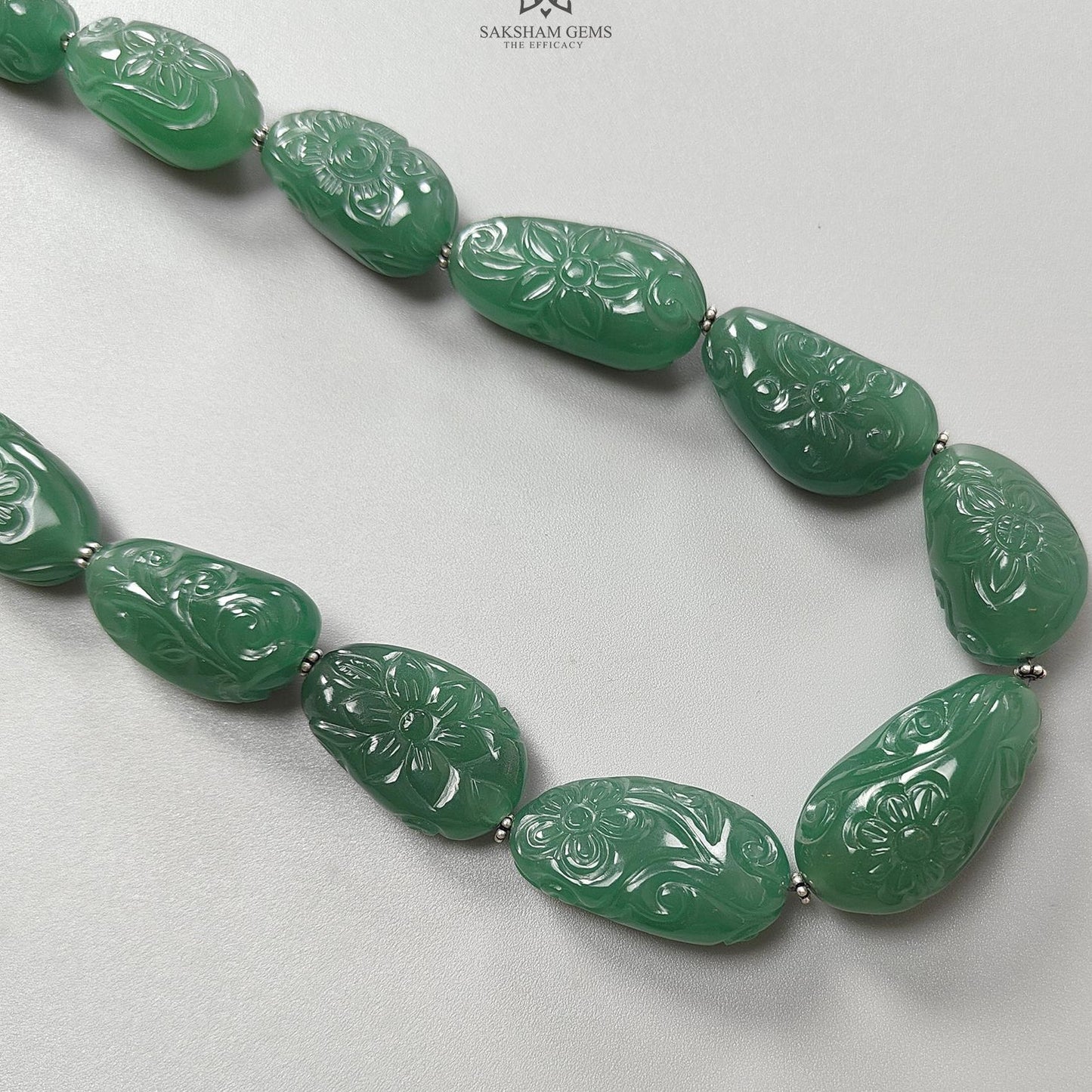 Green Quartz Carving Beads Necklace: 693.60cts Natural Untreated Quartz Shape Fancy Hand Carved 925 Sterling Silver 22*13mm - 32*17mm 22"
