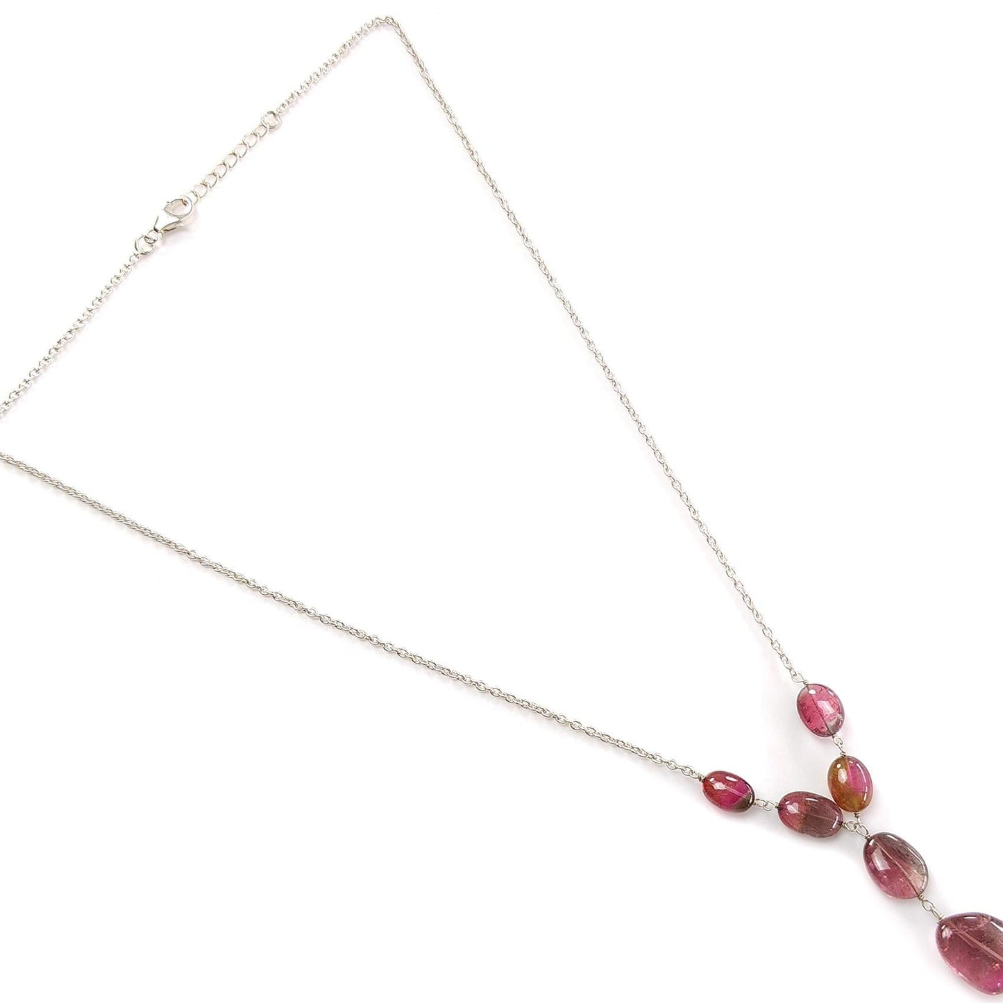 Rubellite Pink Tourmaline Beads Chain Necklace: 52.00cts Natural Untreated Tourmaline 925 Sterling Silver Plain Oval 10*7.5mm - 15*12mm 22"