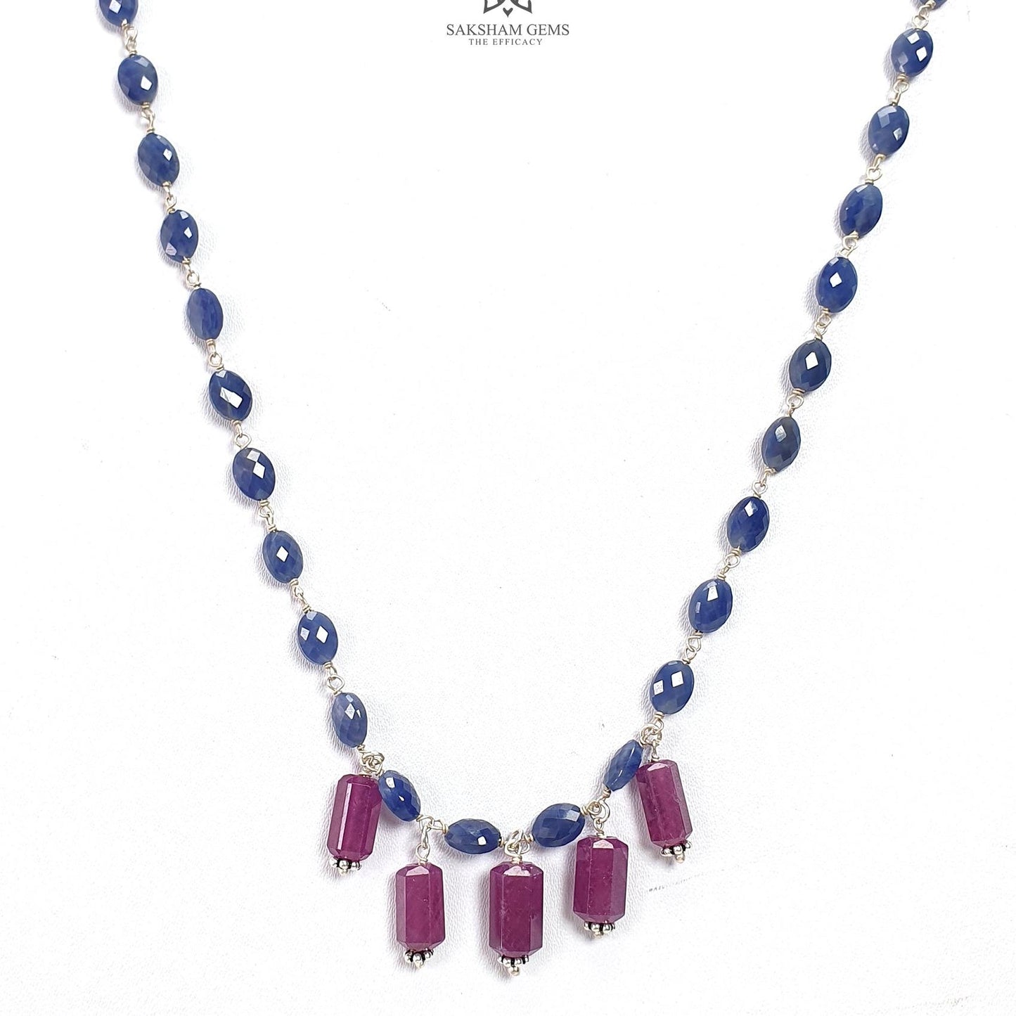 Blue Sapphire and Ruby Beads Chain Necklace: 64.65cts Natural Sapphire Pencil Oval, Checker Cut Briolette 925 Silver Necklace 9mm - 10mm 22"