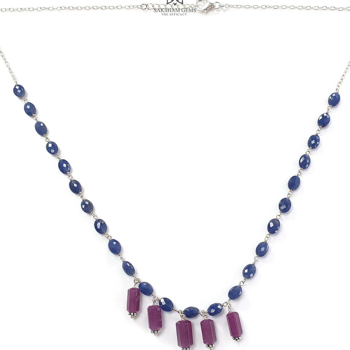 Blue Sapphire and Ruby Beads Chain Necklace: 64.65cts Natural Sapphire Pencil Oval, Checker Cut Briolette 925 Silver Necklace 9mm - 10mm 22"