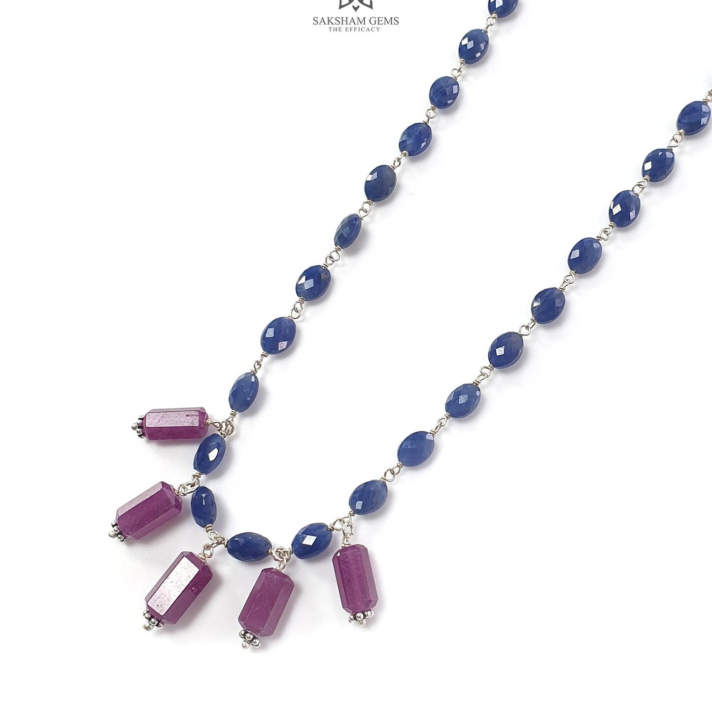 Blue Sapphire and Ruby Beads Chain Necklace: 64.65cts Natural Sapphire Pencil Oval, Checker Cut Briolette 925 Silver Necklace 9mm - 10mm 22"