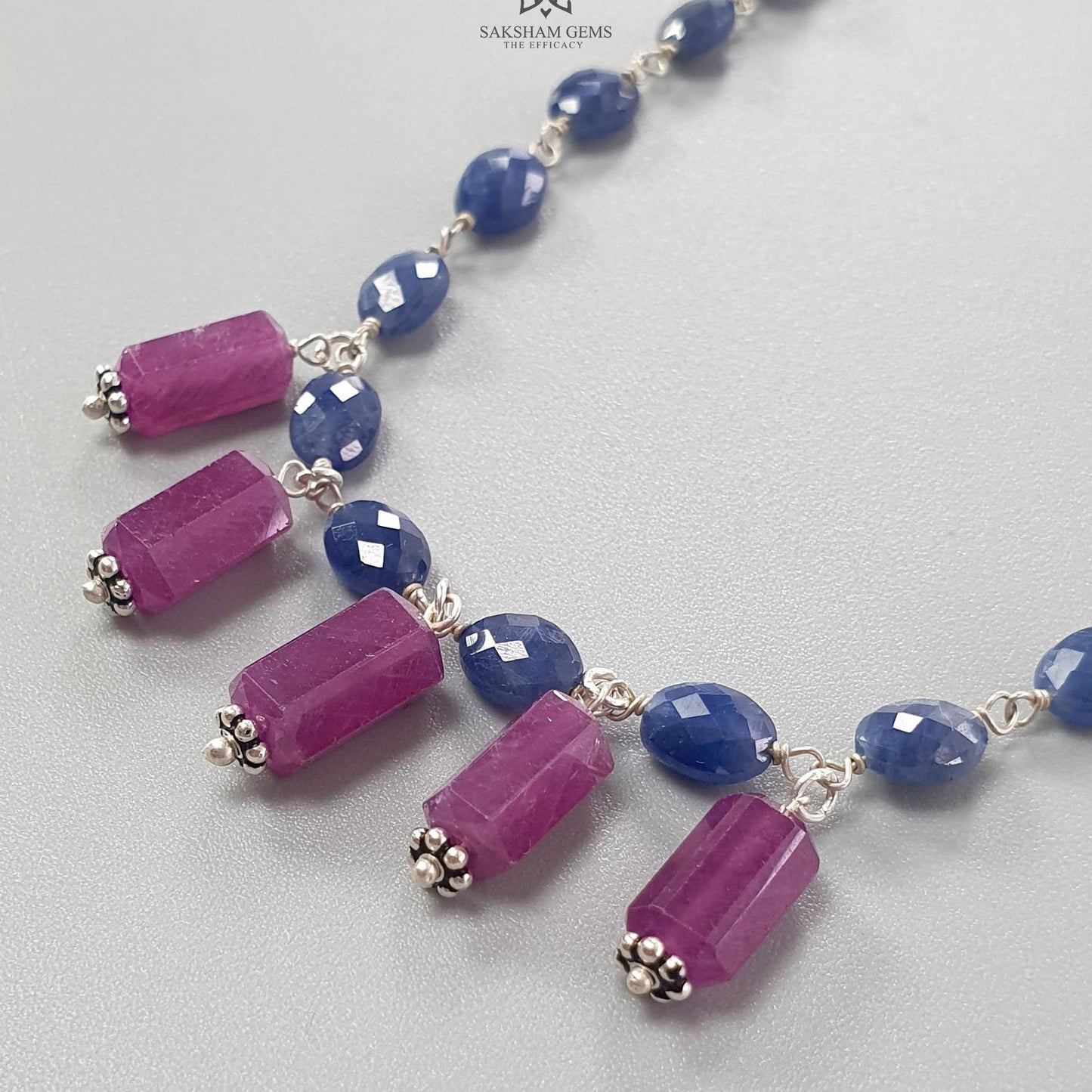 Blue Sapphire and Ruby Beads Chain Necklace: 64.65cts Natural Sapphire Pencil Oval, Checker Cut Briolette 925 Silver Necklace 9mm - 10mm 22"