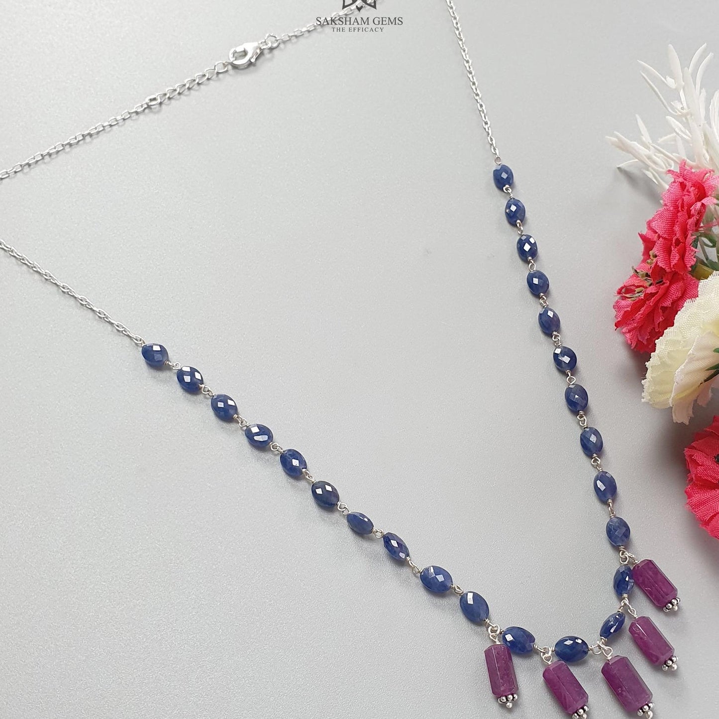 Blue Sapphire and Ruby Beads Chain Necklace: 64.65cts Natural Sapphire Pencil Oval, Checker Cut Briolette 925 Silver Necklace 9mm - 10mm 22"