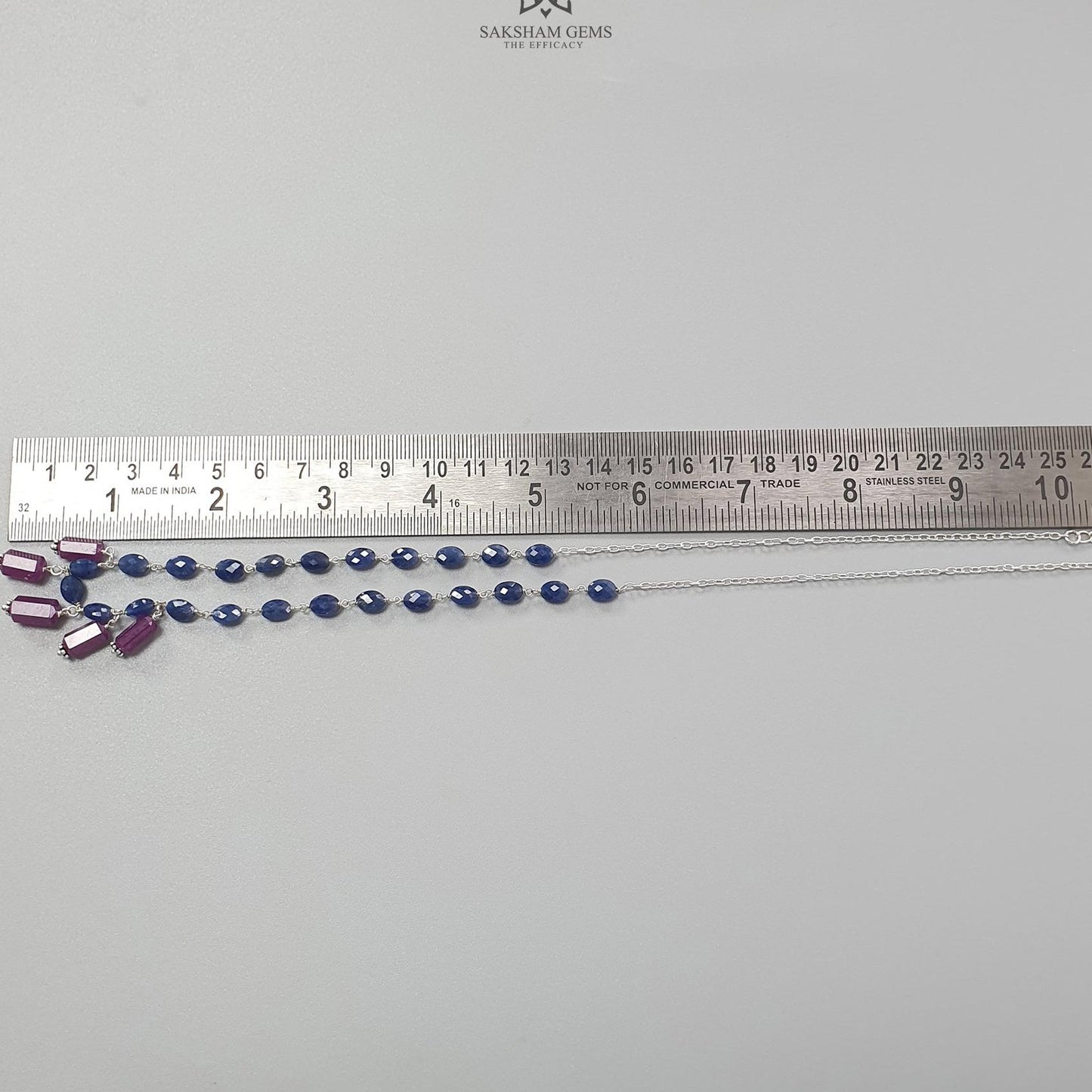 Blue Sapphire and Ruby Beads Chain Necklace: 64.65cts Natural Sapphire Pencil Oval, Checker Cut Briolette 925 Silver Necklace 9mm - 10mm 22"