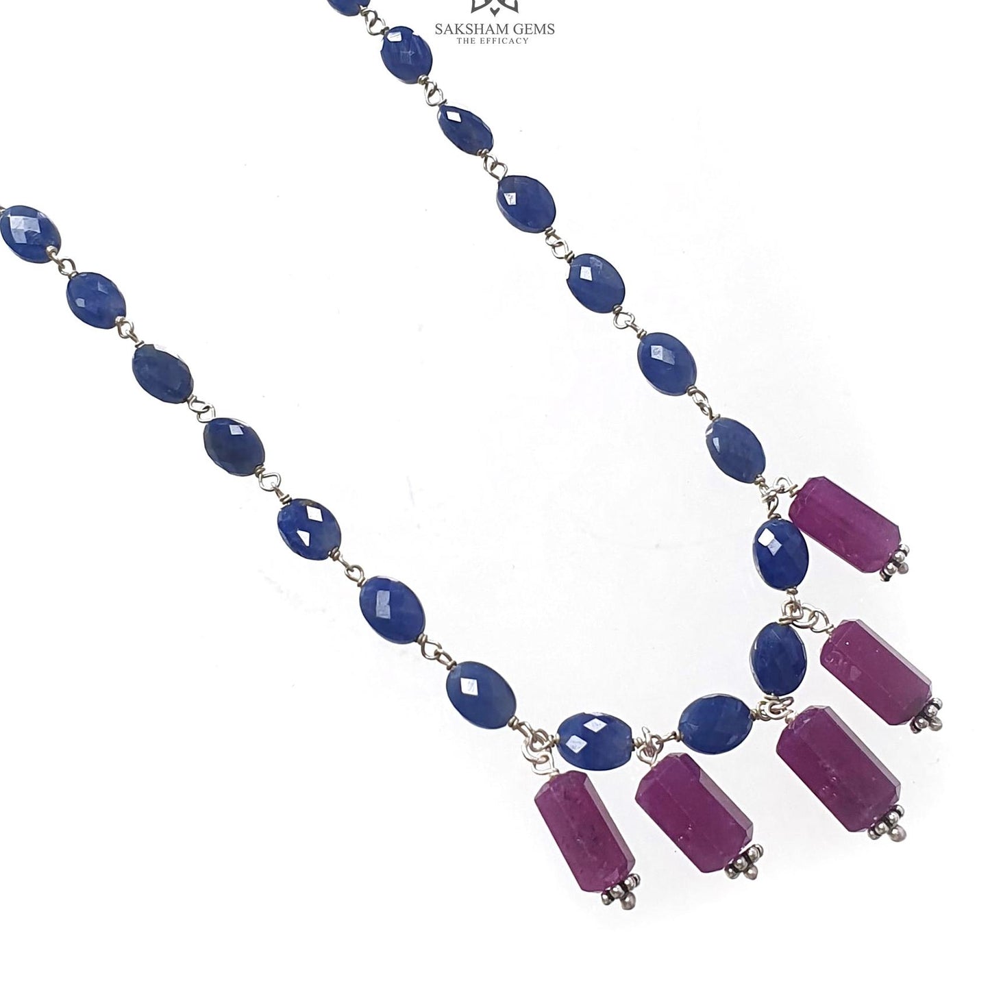 Blue Sapphire and Ruby Beads Chain Necklace: 64.65cts Natural Sapphire Pencil Oval, Checker Cut Briolette 925 Silver Necklace 9mm - 10mm 22"