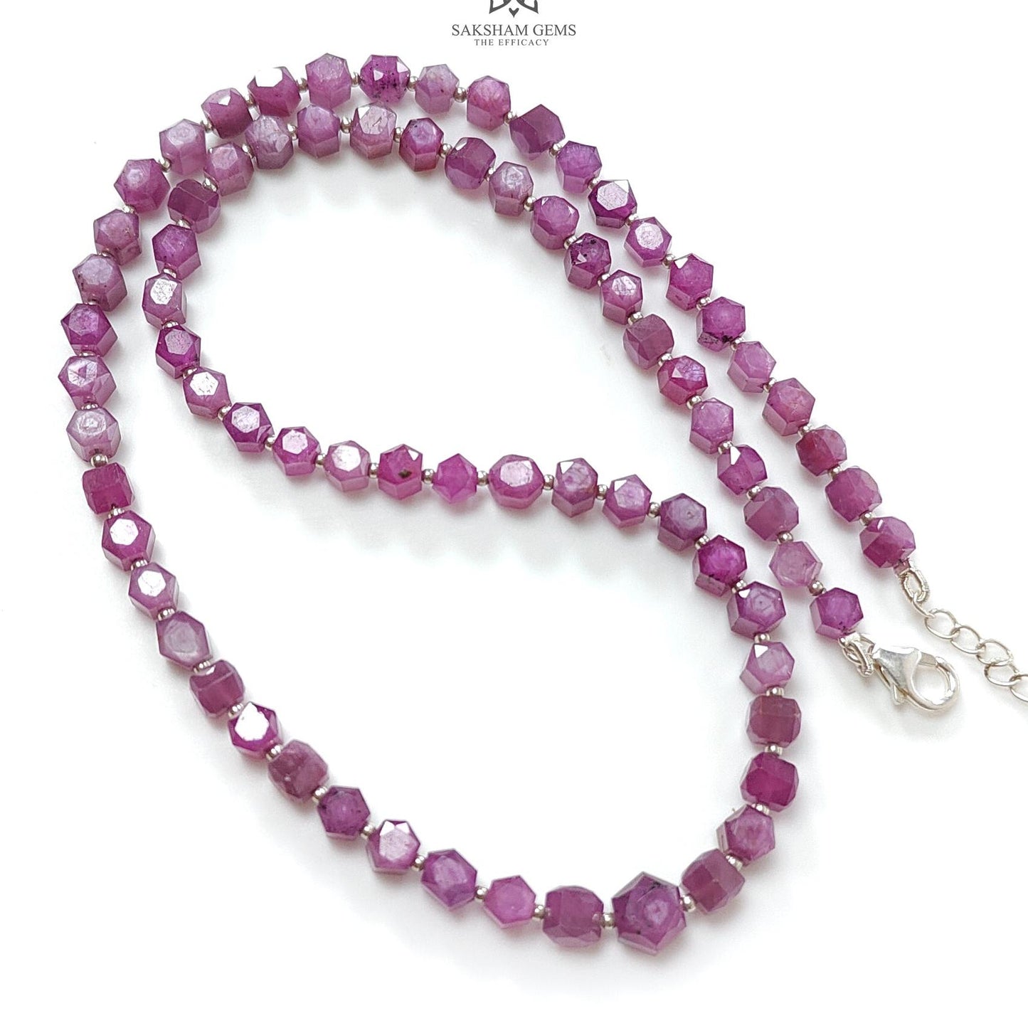Raspberry Ruby Faceted Beads Necklace: 126.40cts Natural Untreated Ruby 925 Sterling Silver Hexagon Shape 5mm - 6.5mm 18"