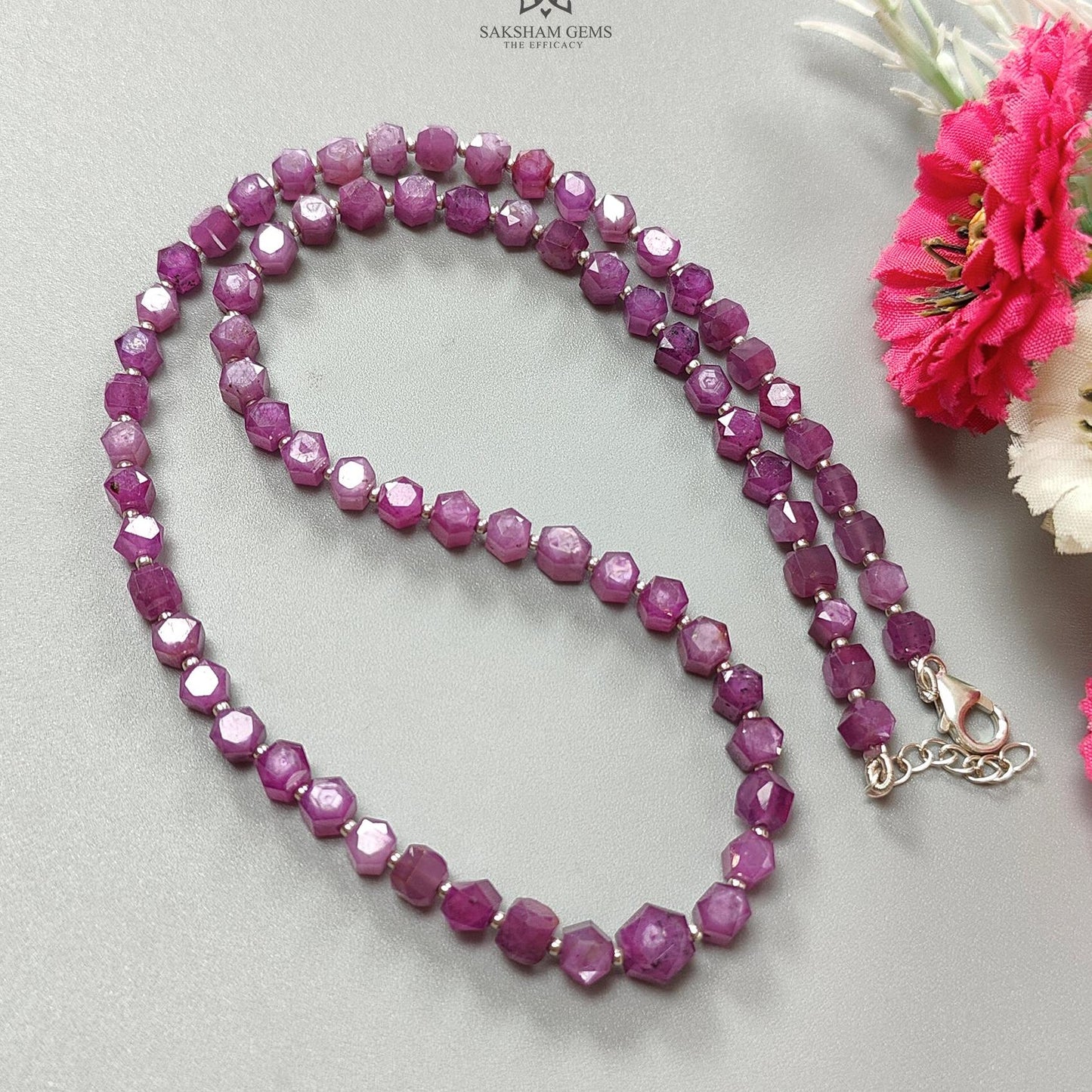 Raspberry Ruby Faceted Beads Necklace: 126.40cts Natural Untreated Ruby 925 Sterling Silver Hexagon Shape 5mm - 6.5mm 18"