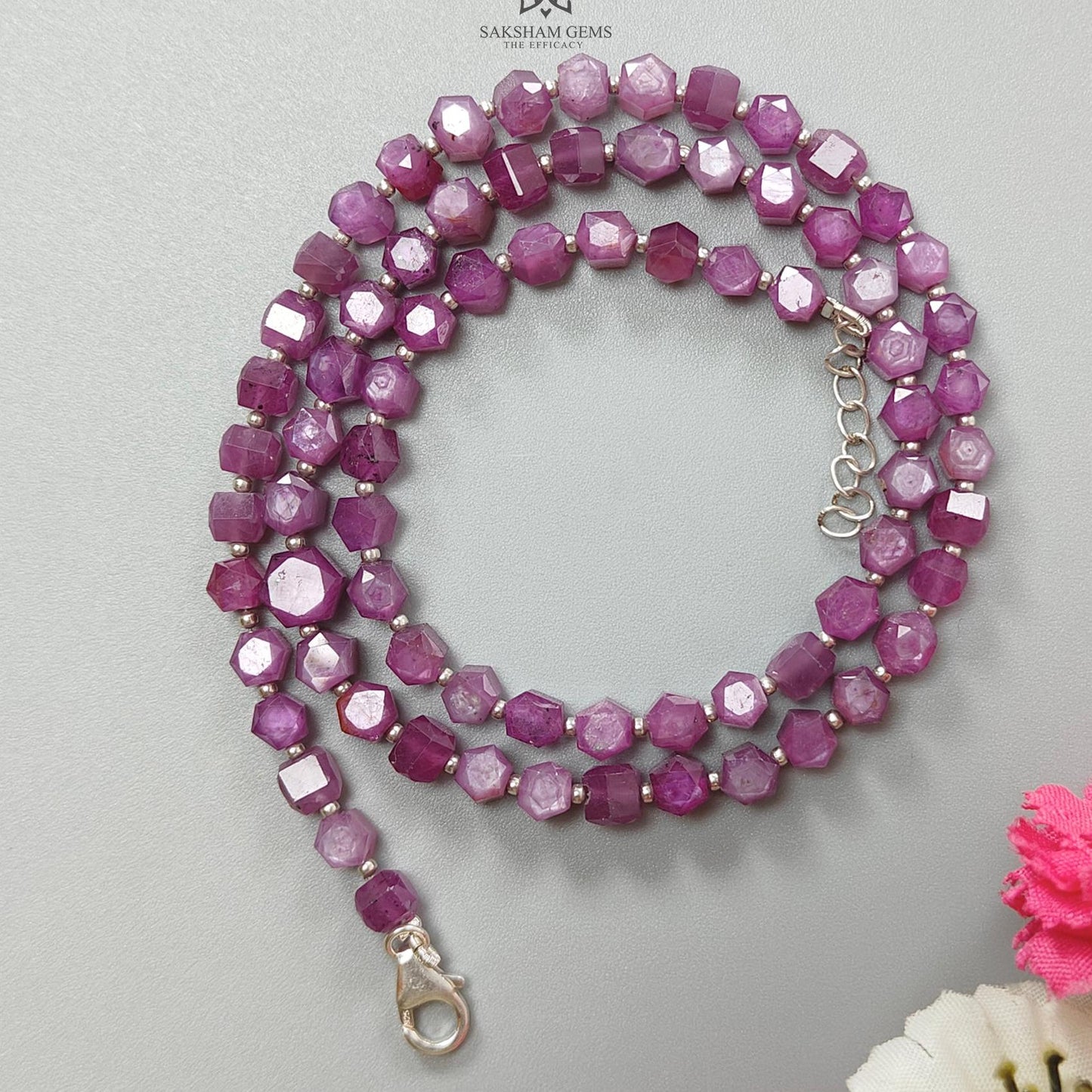 Raspberry Ruby Faceted Beads Necklace: 126.40cts Natural Untreated Ruby 925 Sterling Silver Hexagon Shape 5mm - 6.5mm 18"