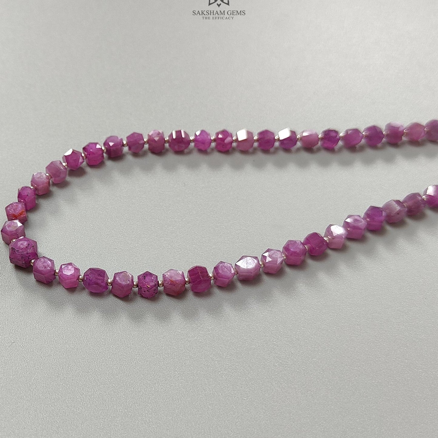 Raspberry Ruby Faceted Beads Necklace: 126.40cts Natural Untreated Ruby 925 Sterling Silver Hexagon Shape 5mm - 6.5mm 18"