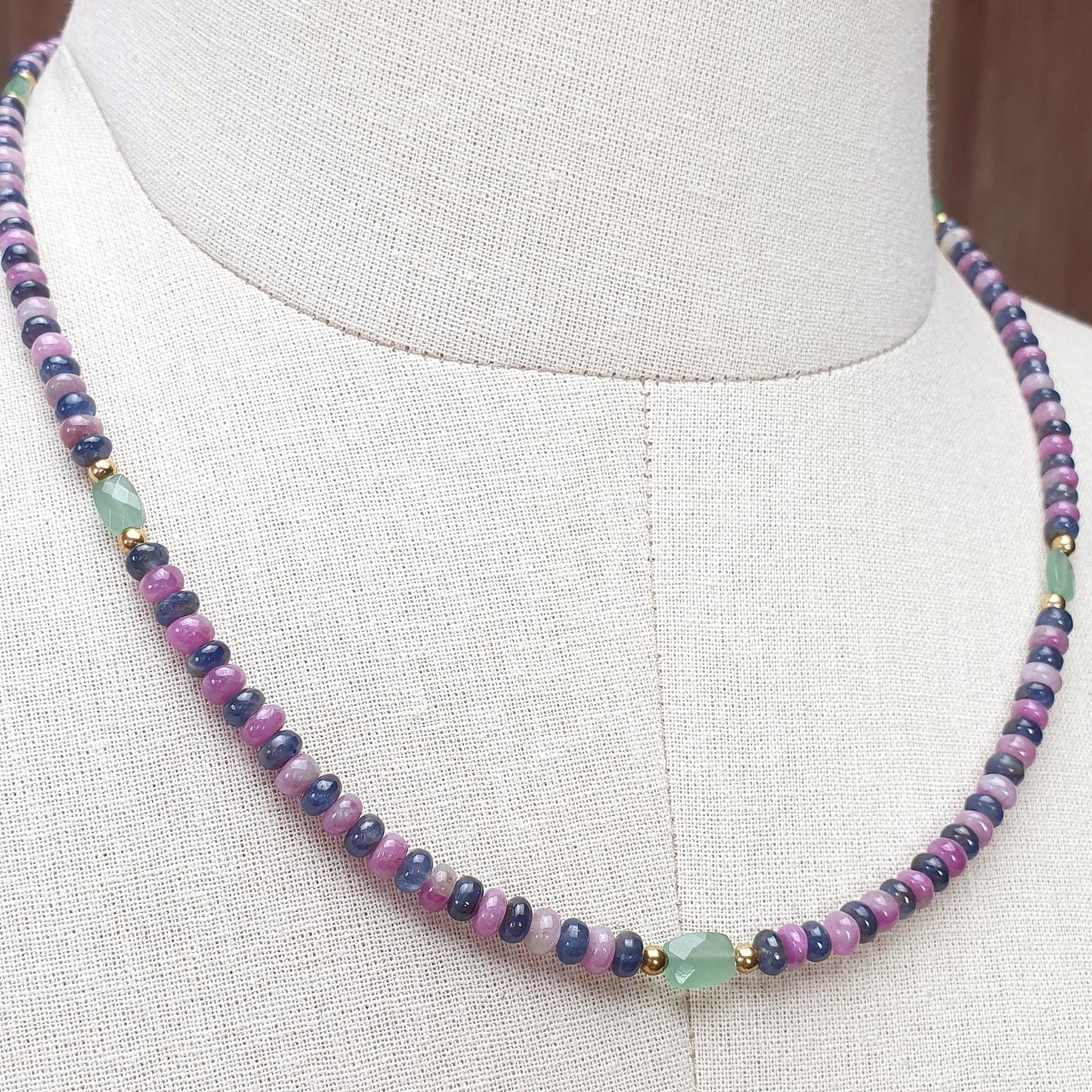 Zoisite Ruby & Blue Sapphire Gemstone Beads Necklace: 18.54gms Natural Ruby, Green Quartzite Gemstone Plain Rondelle Brass Necklace 4mm 18"