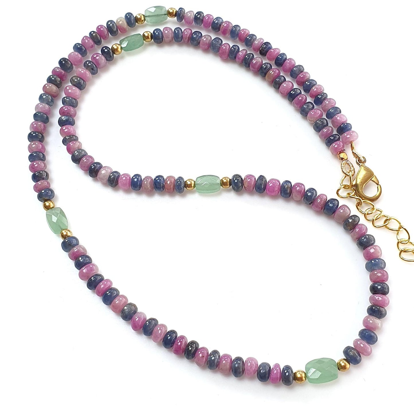 Zoisite Ruby & Blue Sapphire Gemstone Beads Necklace: 18.54gms Natural Ruby, Green Quartzite Gemstone Plain Rondelle Brass Necklace 4mm 18"