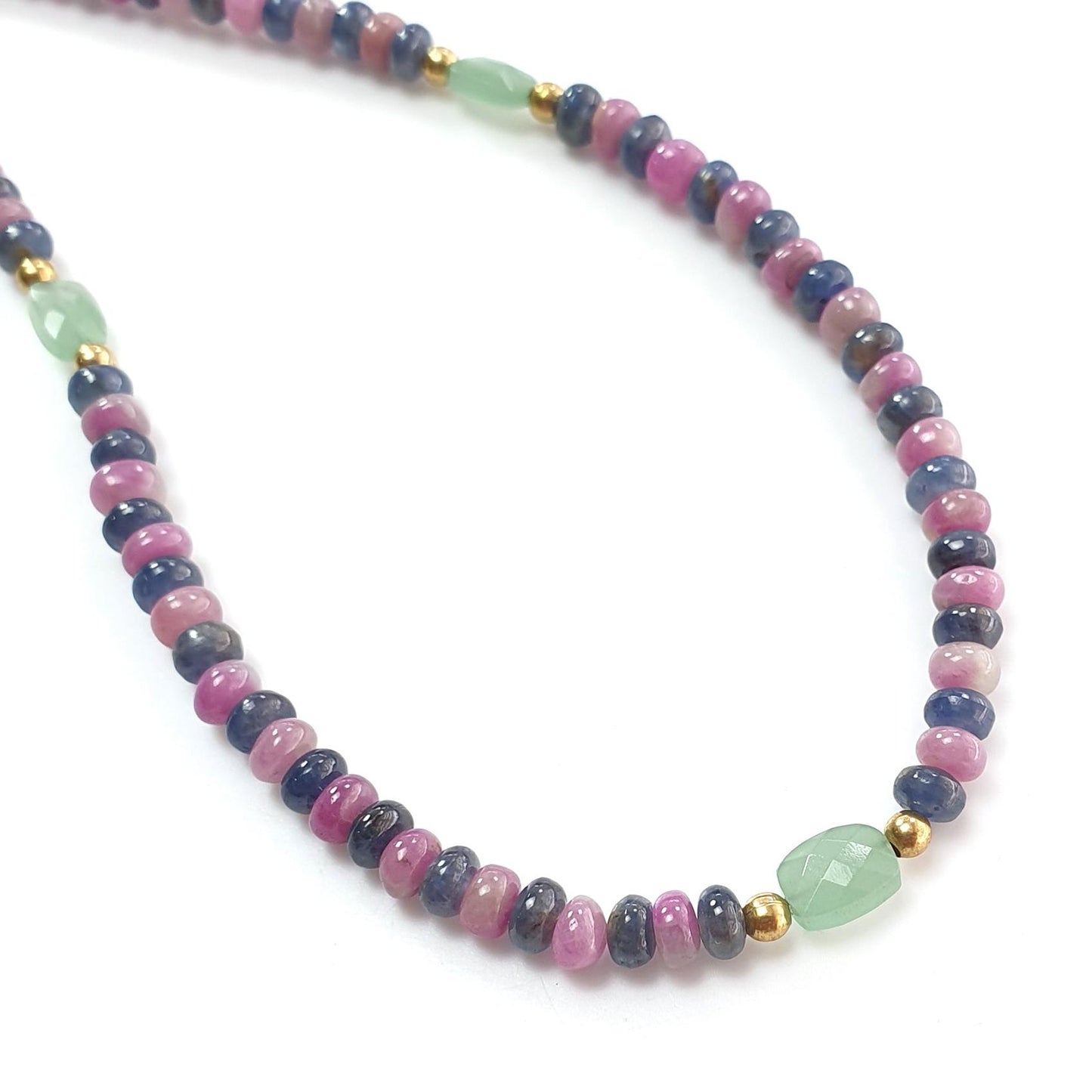 Zoisite Ruby & Blue Sapphire Gemstone Beads Necklace: 18.54gms Natural Ruby, Green Quartzite Gemstone Plain Rondelle Brass Necklace 4mm 18"