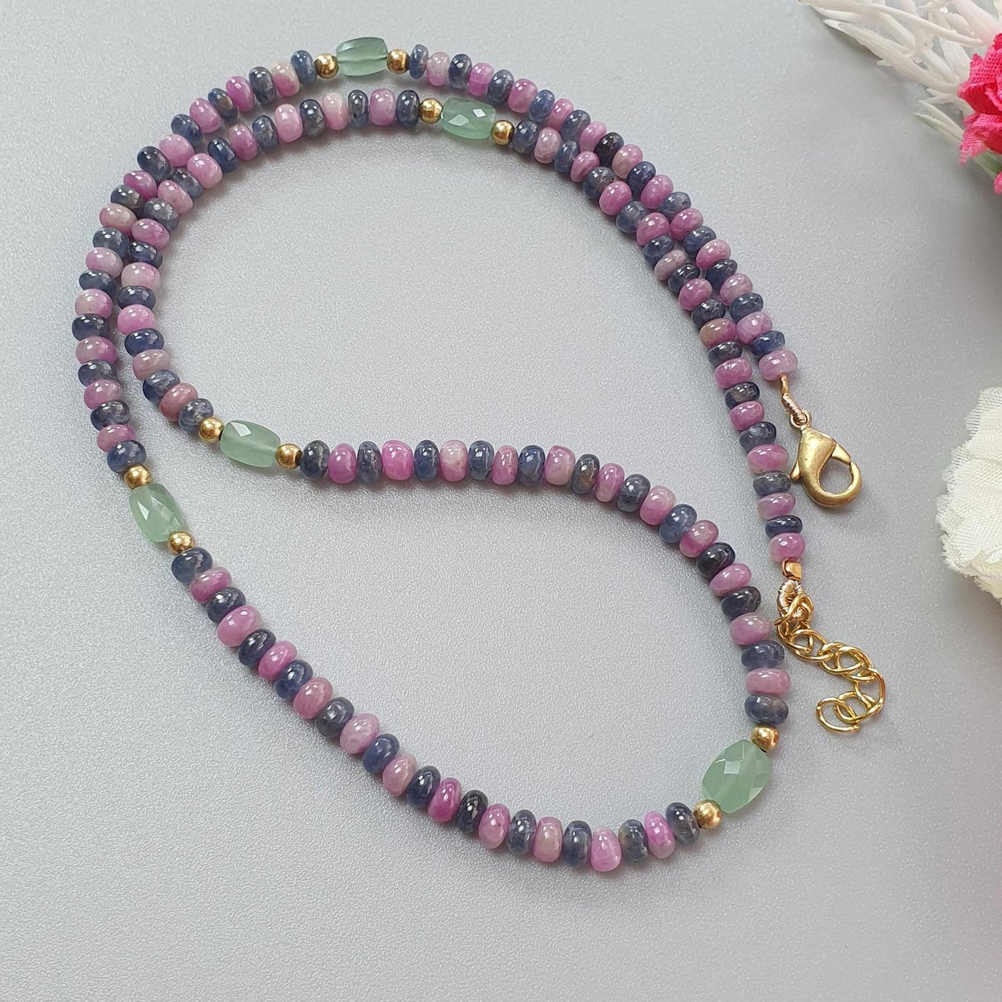 Zoisite Ruby & Blue Sapphire Gemstone Beads Necklace: 18.54gms Natural Ruby, Green Quartzite Gemstone Plain Rondelle Brass Necklace 4mm 18"