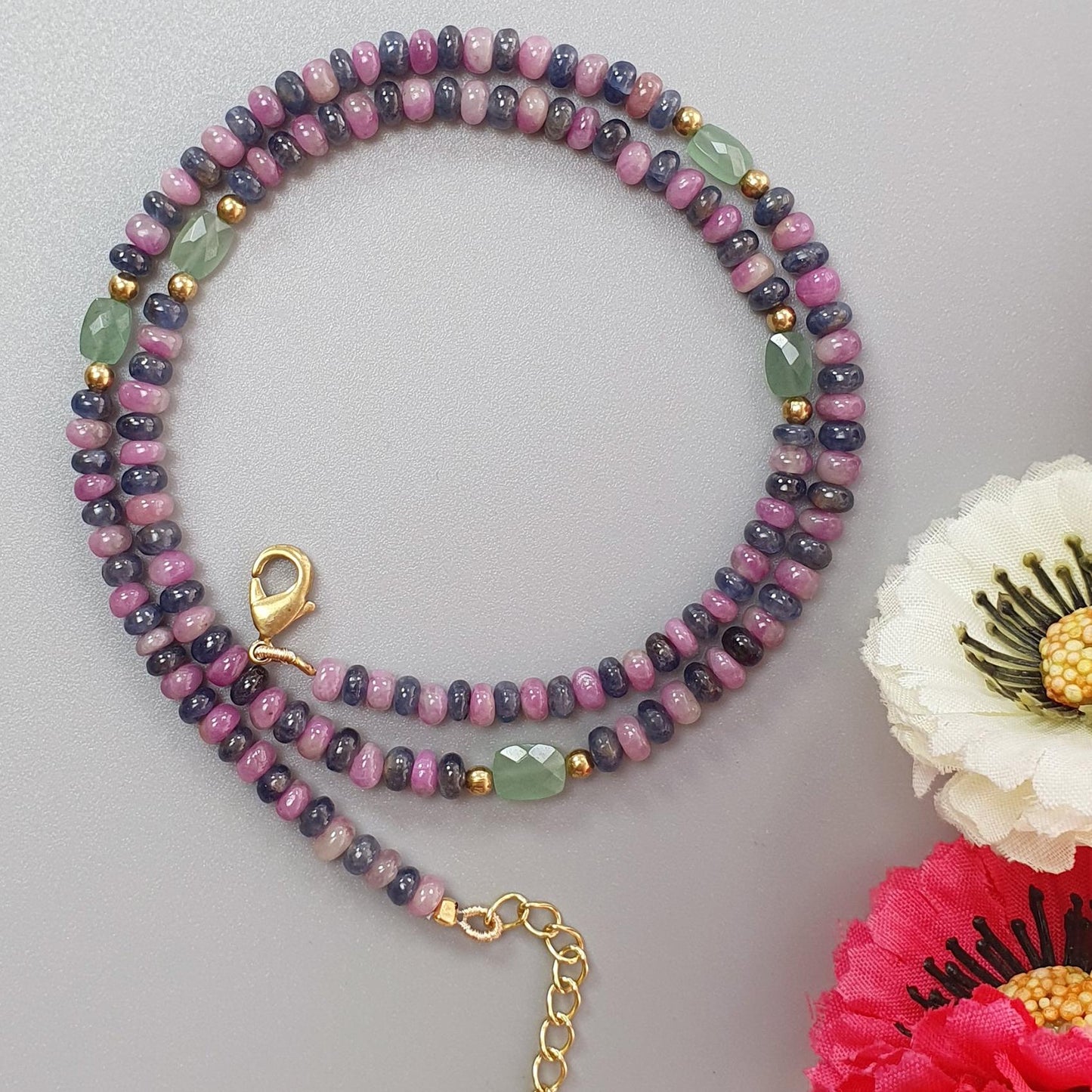 Zoisite Ruby & Blue Sapphire Gemstone Beads Necklace: 18.54gms Natural Ruby, Green Quartzite Gemstone Plain Rondelle Brass Necklace 4mm 18"