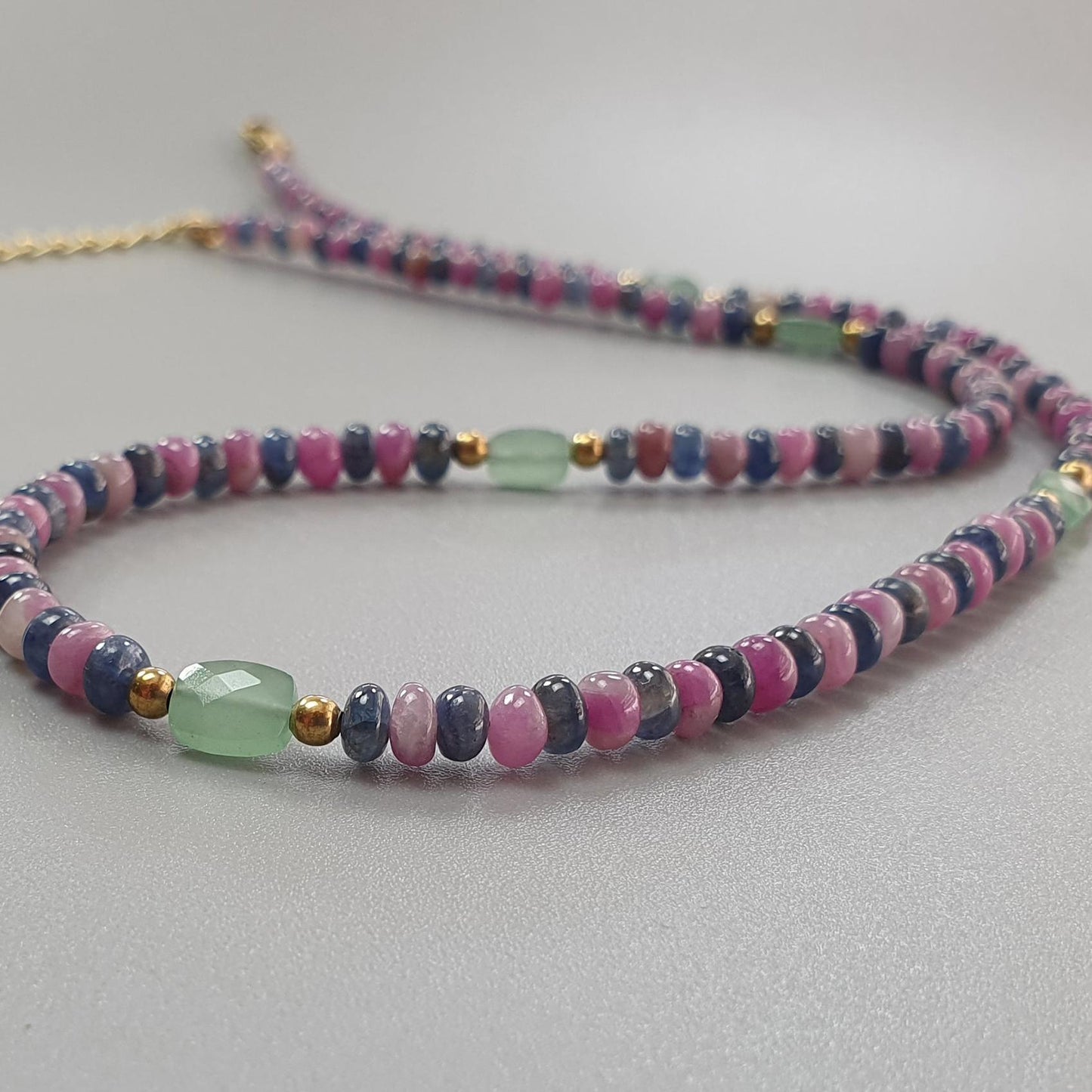 Zoisite Ruby & Blue Sapphire Gemstone Beads Necklace: 18.54gms Natural Ruby, Green Quartzite Gemstone Plain Rondelle Brass Necklace 4mm 18"
