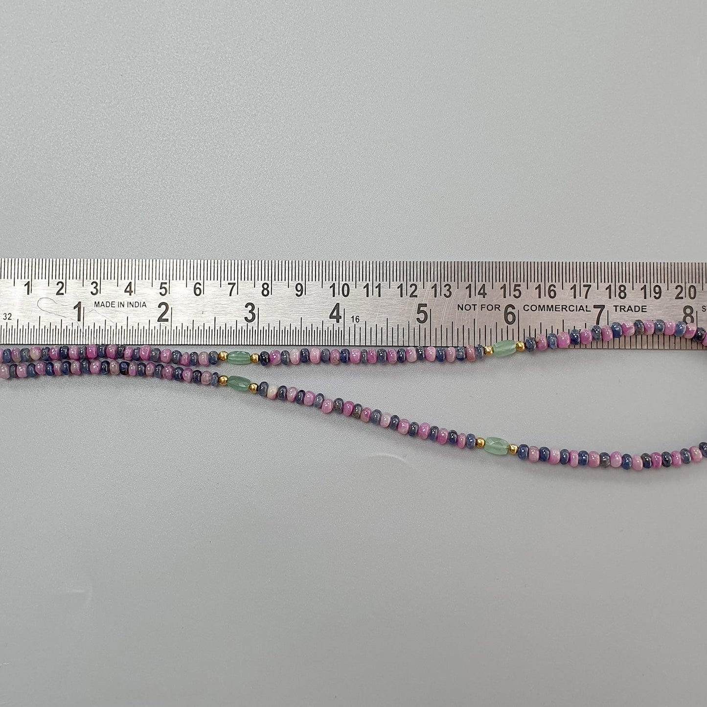 Zoisite Ruby & Blue Sapphire Gemstone Beads Necklace: 18.54gms Natural Ruby, Green Quartzite Gemstone Plain Rondelle Brass Necklace 4mm 18"