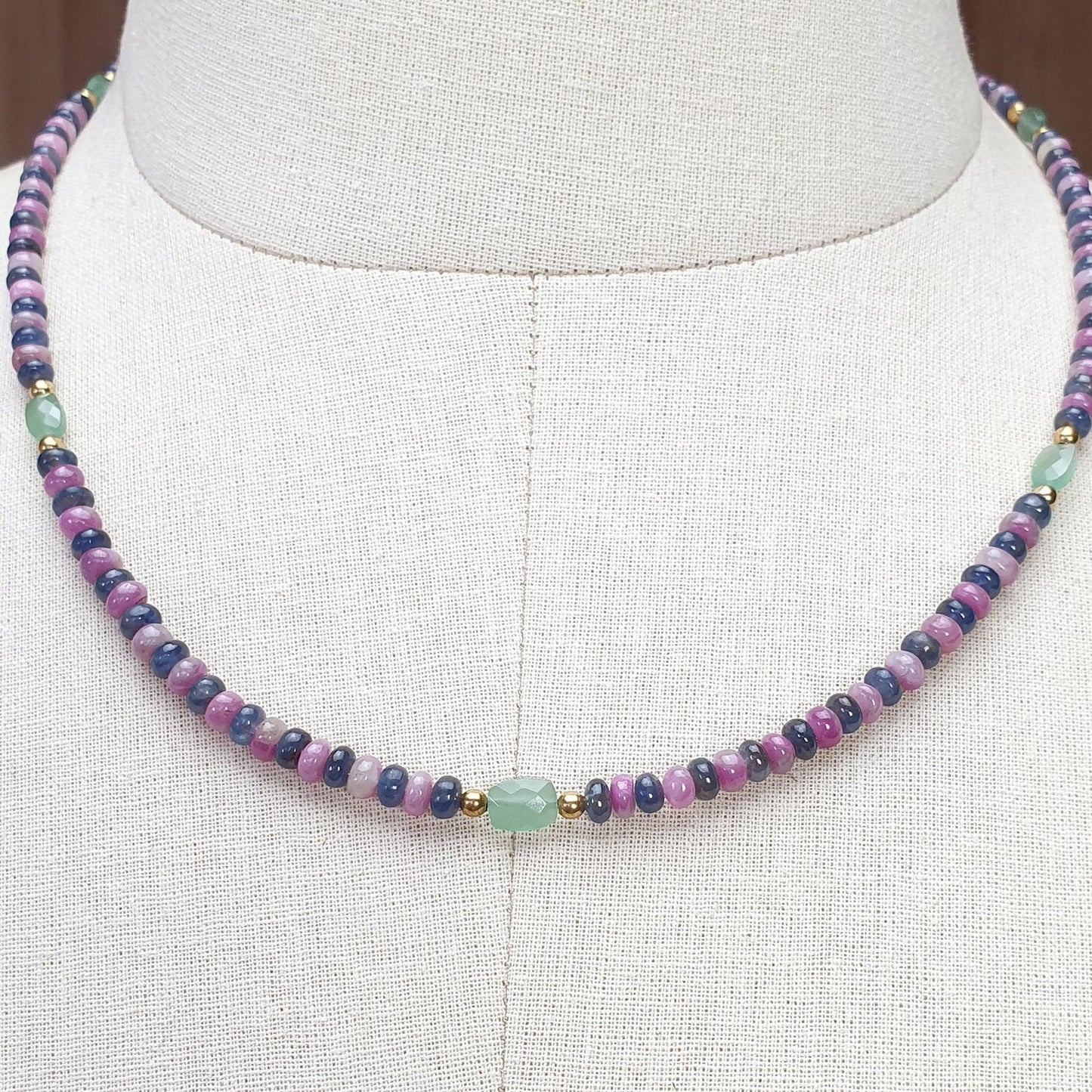 Zoisite Ruby & Blue Sapphire Gemstone Beads Necklace: 18.54gms Natural Ruby, Green Quartzite Gemstone Plain Rondelle Brass Necklace 4mm 18"