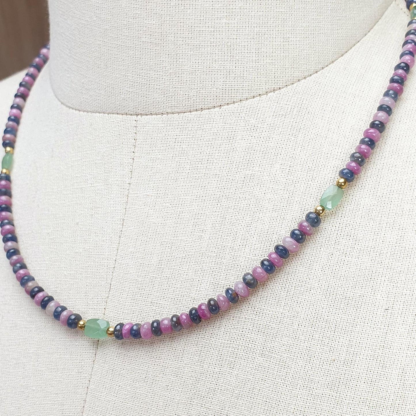 Zoisite Ruby & Blue Sapphire Gemstone Beads Necklace: 18.54gms Natural Ruby, Green Quartzite Gemstone Plain Rondelle Brass Necklace 4mm 18"