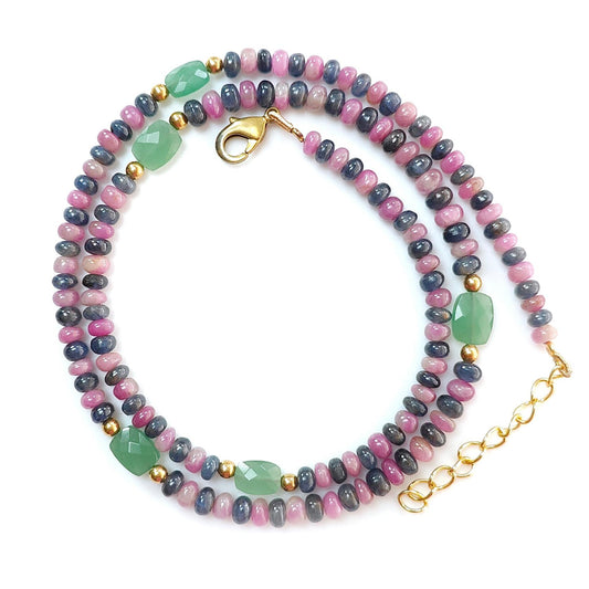 Zoisite Ruby Blue Sapphire Gemstone Beads Necklace: 18.02gms Natural Ruby, Green Quartzite Gemstone Plain Rondelle Brass Necklace 4mm 18"