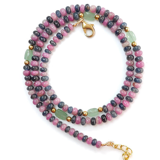 Ruby & Blue Sapphire Gemstone Beads Necklace: 18.71gms Natural Ruby, Green Quartzite Plain Rondelle Brass Necklace 3.5mm - 4mm 18"