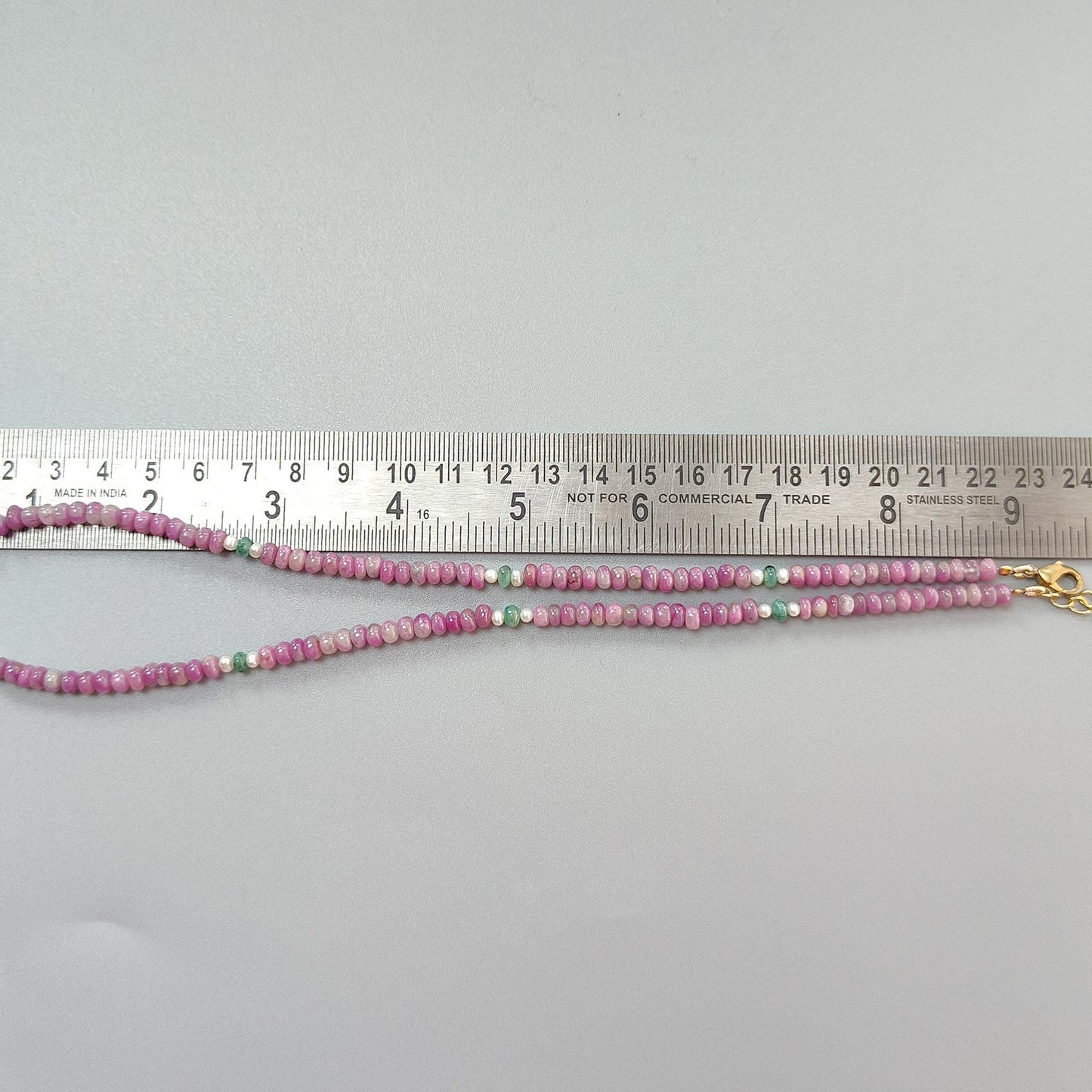 Zoisite Ruby Gemstone Beads Necklace: 19.65gms Natural Untreated Ruby, White Pearl & Emerald Plain Rondelle Brass Necklace 4.5mm - 5mm 18"