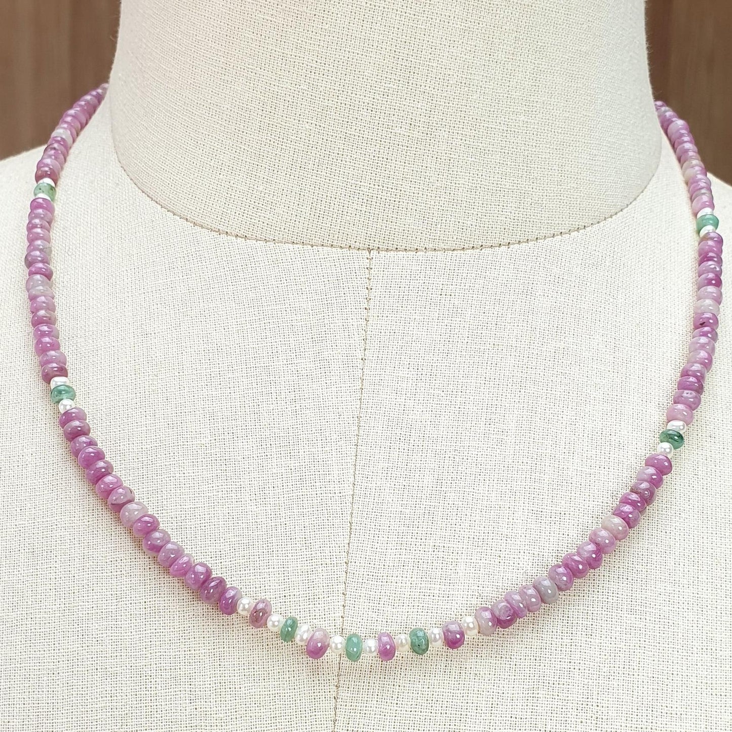 Zoisite Ruby Gemstone Beads Necklace: 19.65gms Natural Untreated Ruby, White Pearl & Emerald Plain Rondelle Brass Necklace 4.5mm - 5mm 18"
