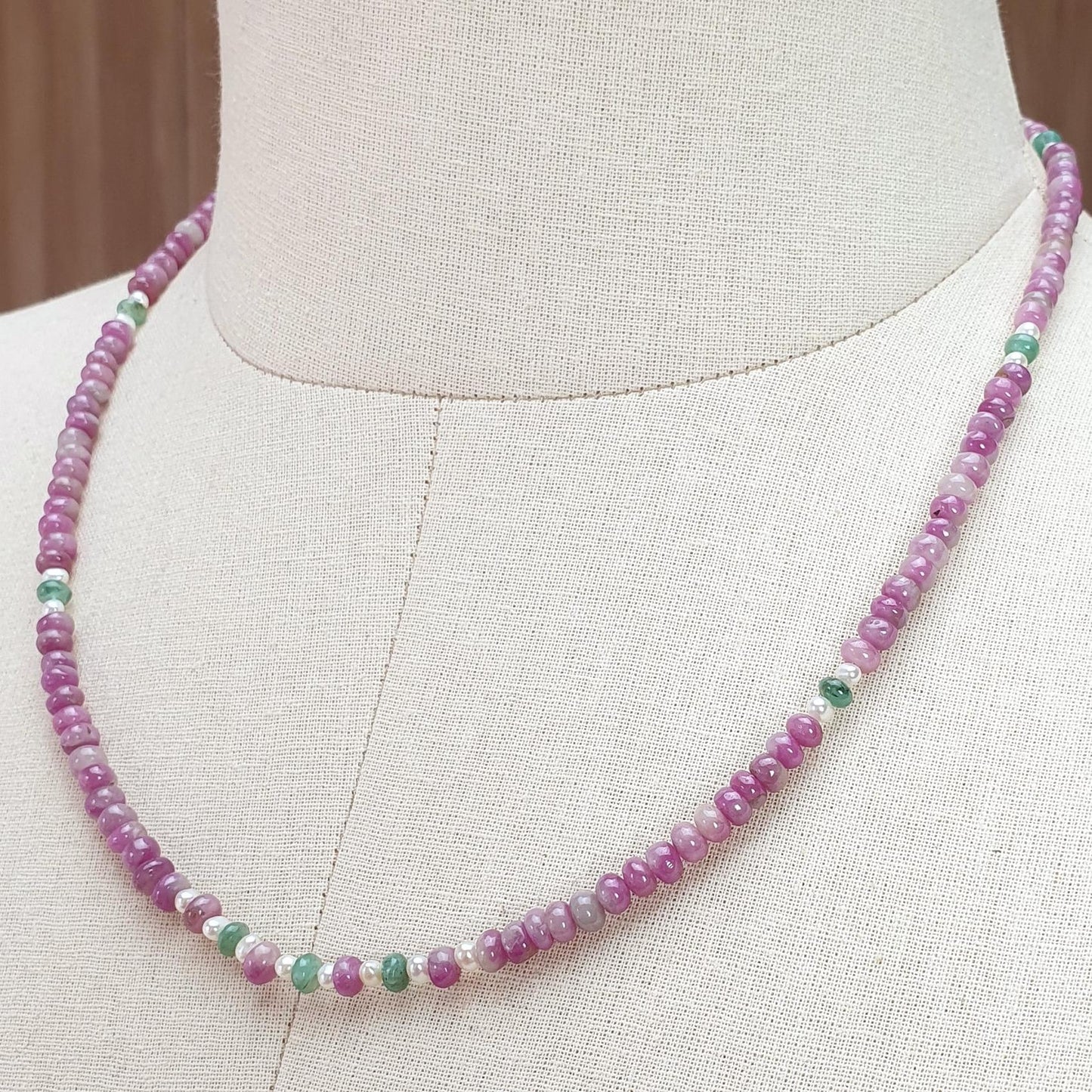 Zoisite Ruby Gemstone Beads Necklace: 19.65gms Natural Untreated Ruby, White Pearl & Emerald Plain Rondelle Brass Necklace 4.5mm - 5mm 18"