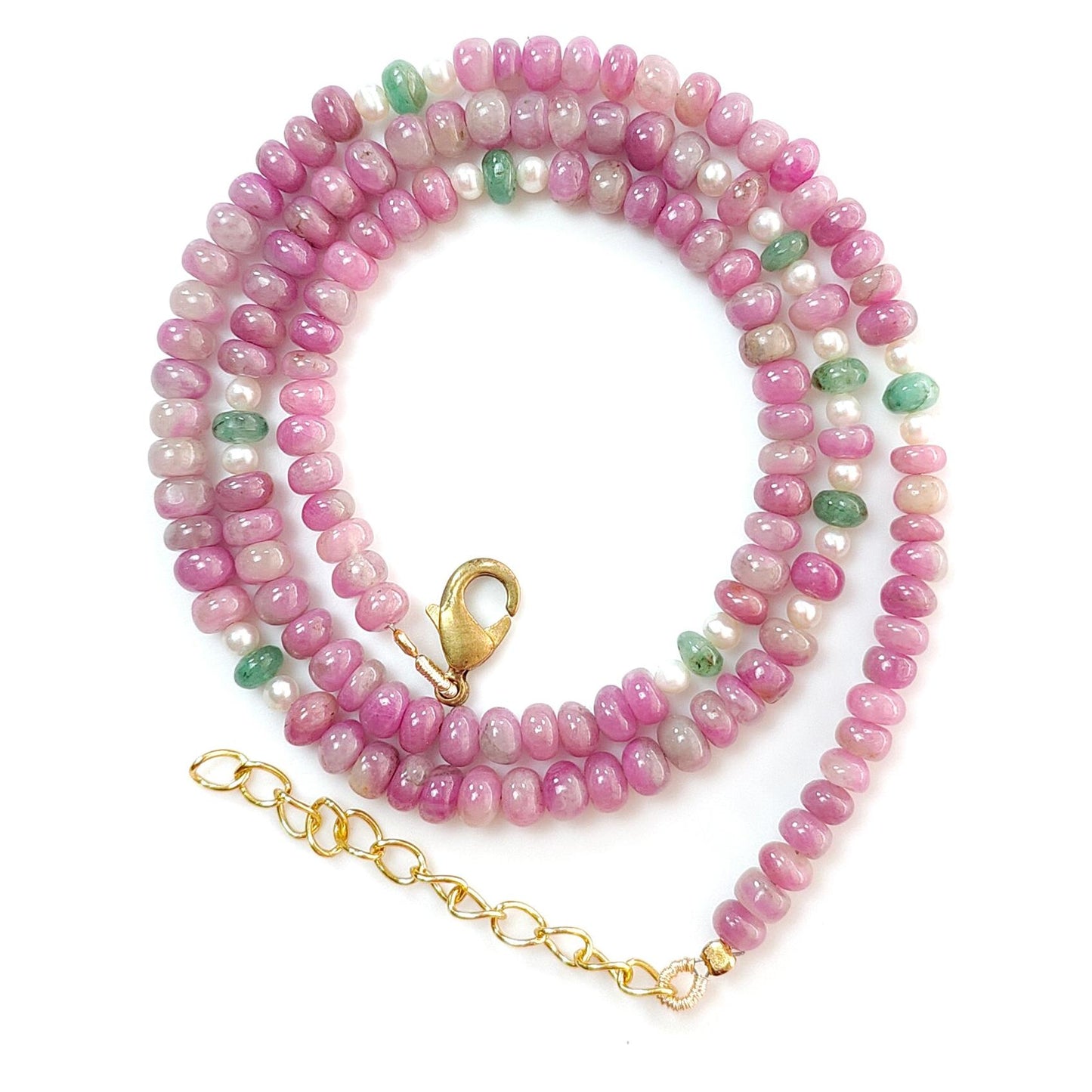 Zoisite Ruby Gemstone Beads Necklace: 19.65gms Natural Untreated Ruby, White Pearl & Emerald Plain Rondelle Brass Necklace 4.5mm - 5mm 18"