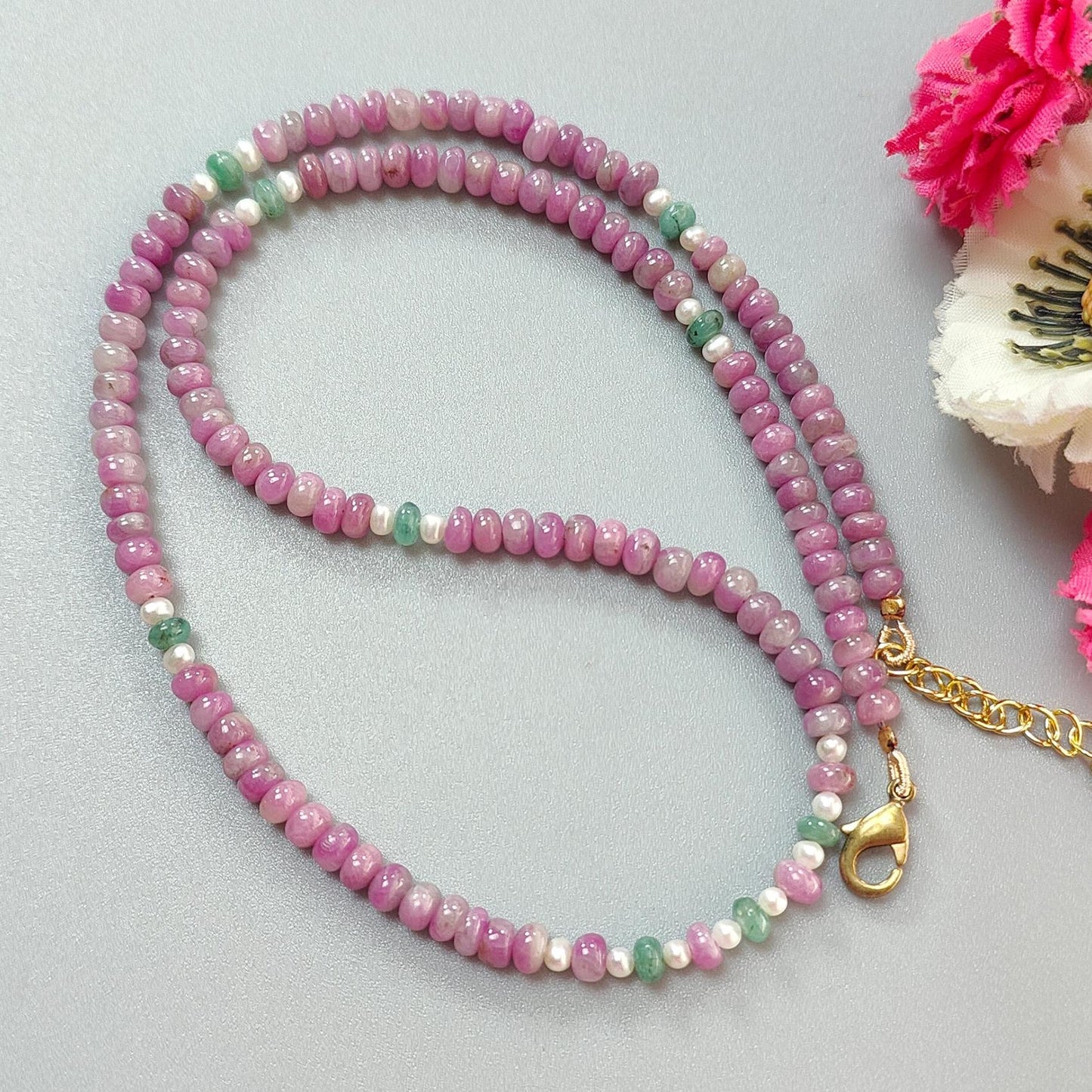 Zoisite Ruby Gemstone Beads Necklace: 19.65gms Natural Untreated Ruby, White Pearl & Emerald Plain Rondelle Brass Necklace 4.5mm - 5mm 18"