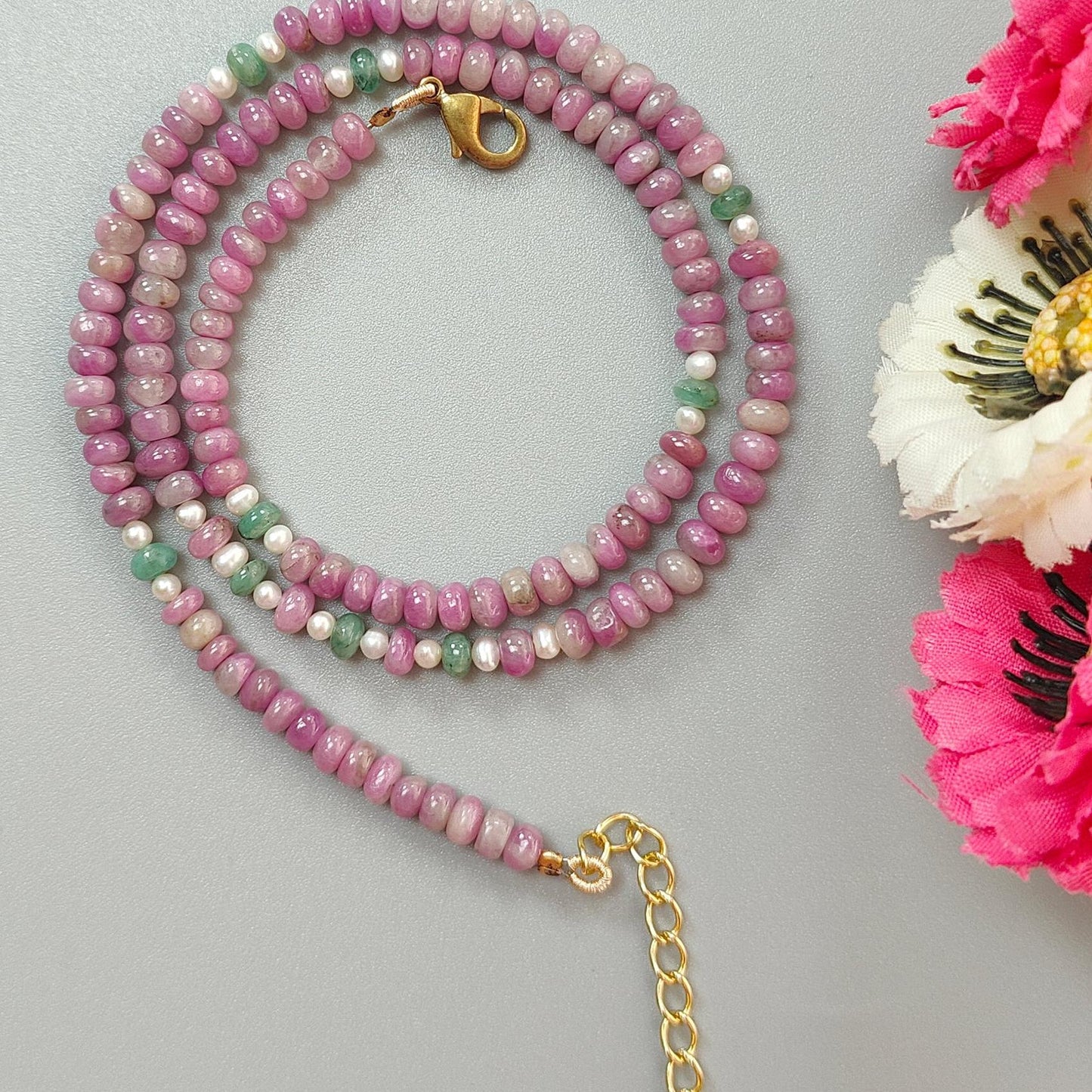 Zoisite Ruby Gemstone Beads Necklace: 19.65gms Natural Untreated Ruby, White Pearl & Emerald Plain Rondelle Brass Necklace 4.5mm - 5mm 18"