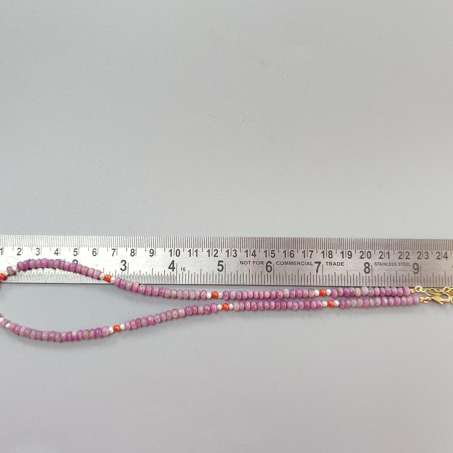 Zoisite Ruby Gemstone Beads Necklace: 20.33gms Natural Untreated Ruby, White Pearl & Red Coral Plain Rondelle Brass Necklace 4.5mm - 5mm 18"