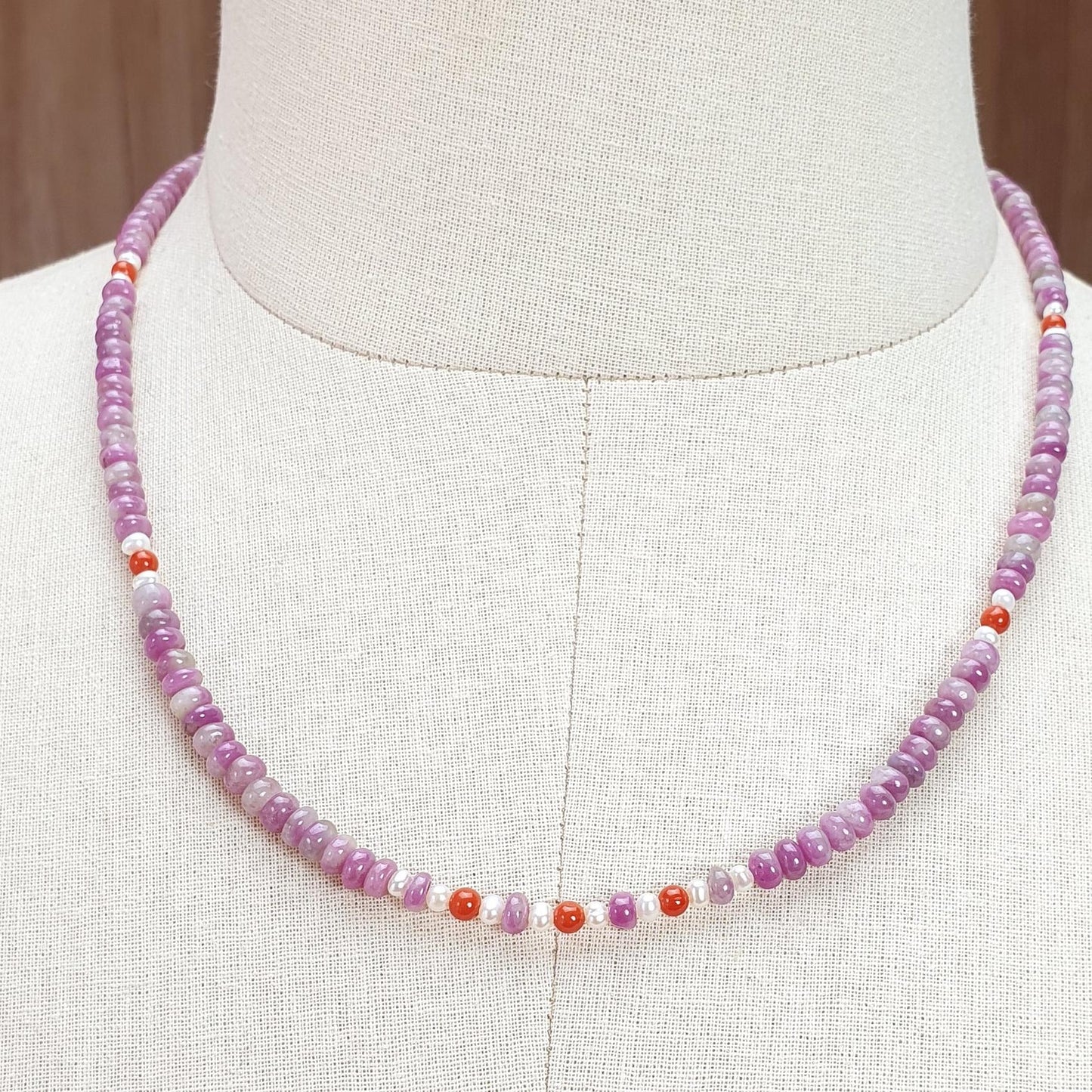 Zoisite Ruby Gemstone Beads Necklace: 20.33gms Natural Untreated Ruby, White Pearl & Red Coral Plain Rondelle Brass Necklace 4.5mm - 5mm 18"