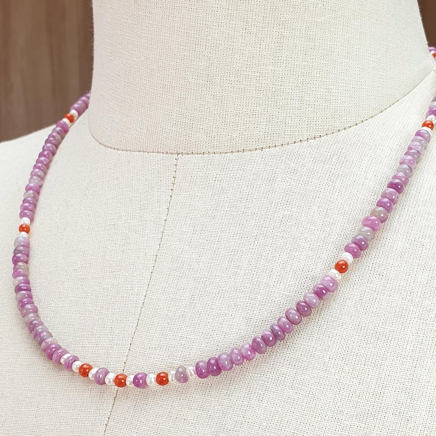 Zoisite Ruby Gemstone Beads Necklace: 20.33gms Natural Untreated Ruby, White Pearl & Red Coral Plain Rondelle Brass Necklace 4.5mm - 5mm 18"