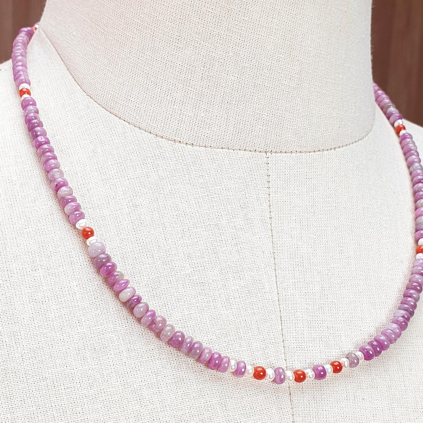 Zoisite Ruby Gemstone Beads Necklace: 20.33gms Natural Untreated Ruby, White Pearl & Red Coral Plain Rondelle Brass Necklace 4.5mm - 5mm 18"